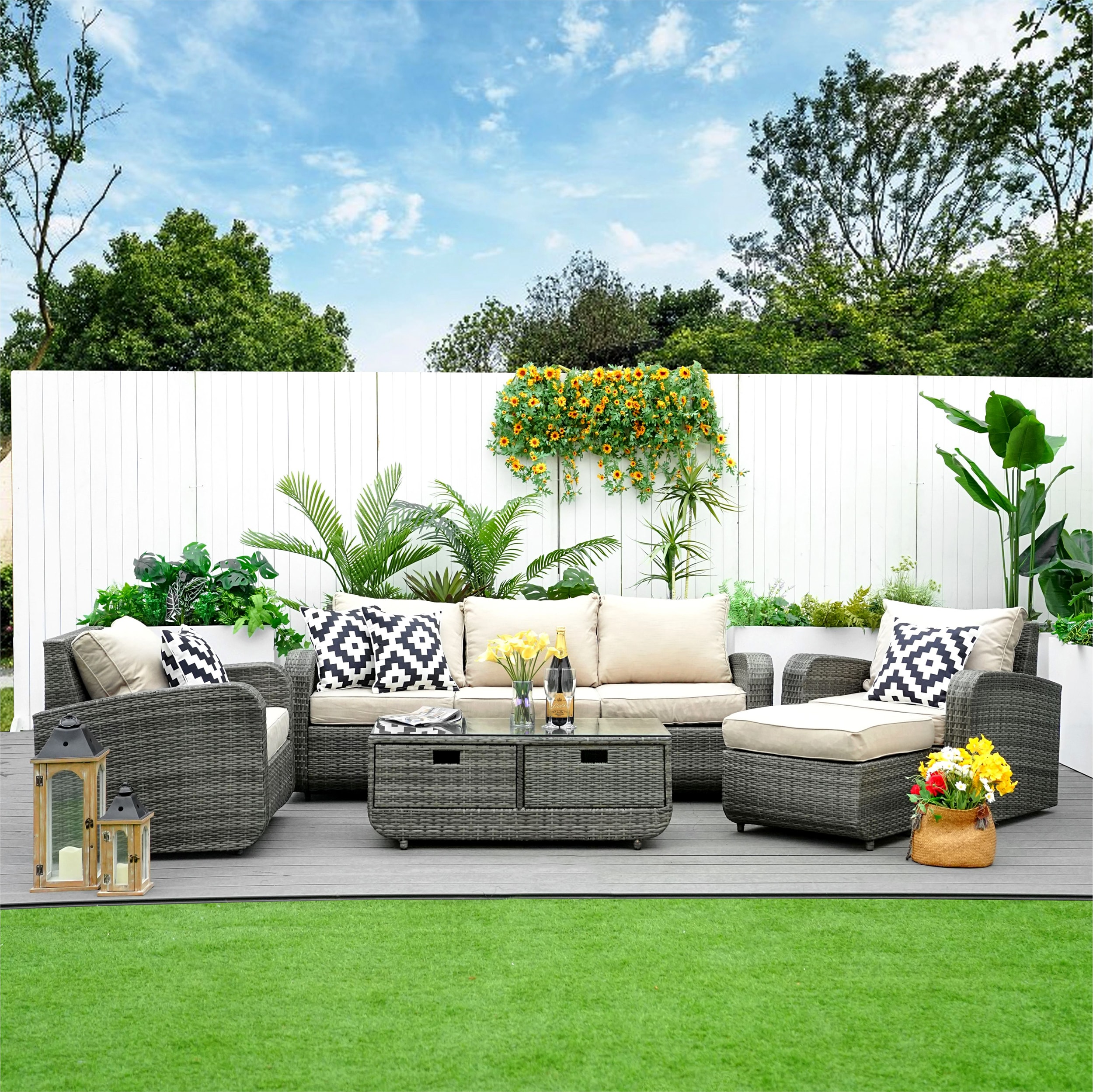 Moda Furnishings MOS-1515-G 5 -Piece Wicker Patio Sofa Conversation Set with Tan Cushions