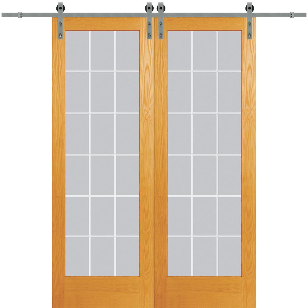 MMI DOOR ZL20169 72-in x 96-in Unfinished Pine Clear Glass Solid Core Unfinished Pine Veneer Double Barn Door (Hardware Included)