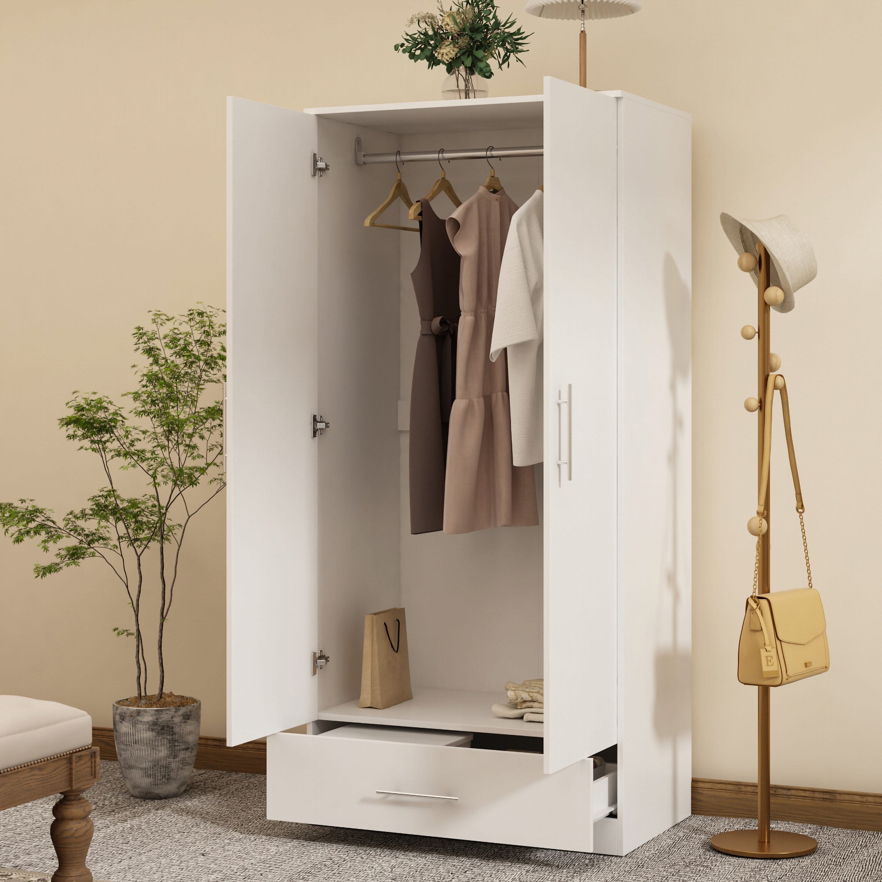 FUFU&GAGA Contemporary 2-Door Wardrobe with Drawer, Clothes Rail, and Moisture-proof Base - White Finish, Assembly Required | LJY-KF200167-04