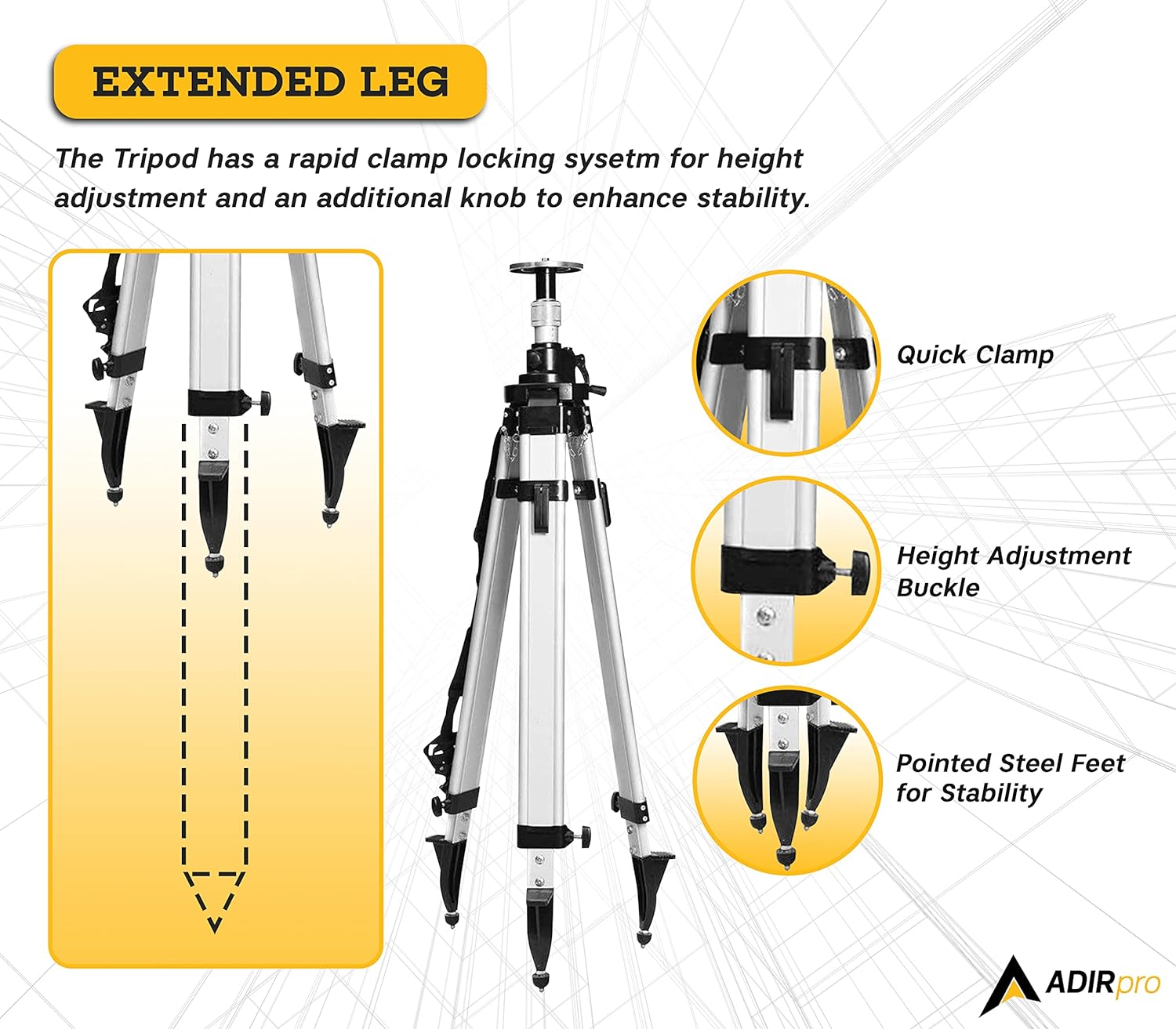 AdirPro Universal Contractor's Elevating Tripod, Aluminum, 2.33 to 11 ...