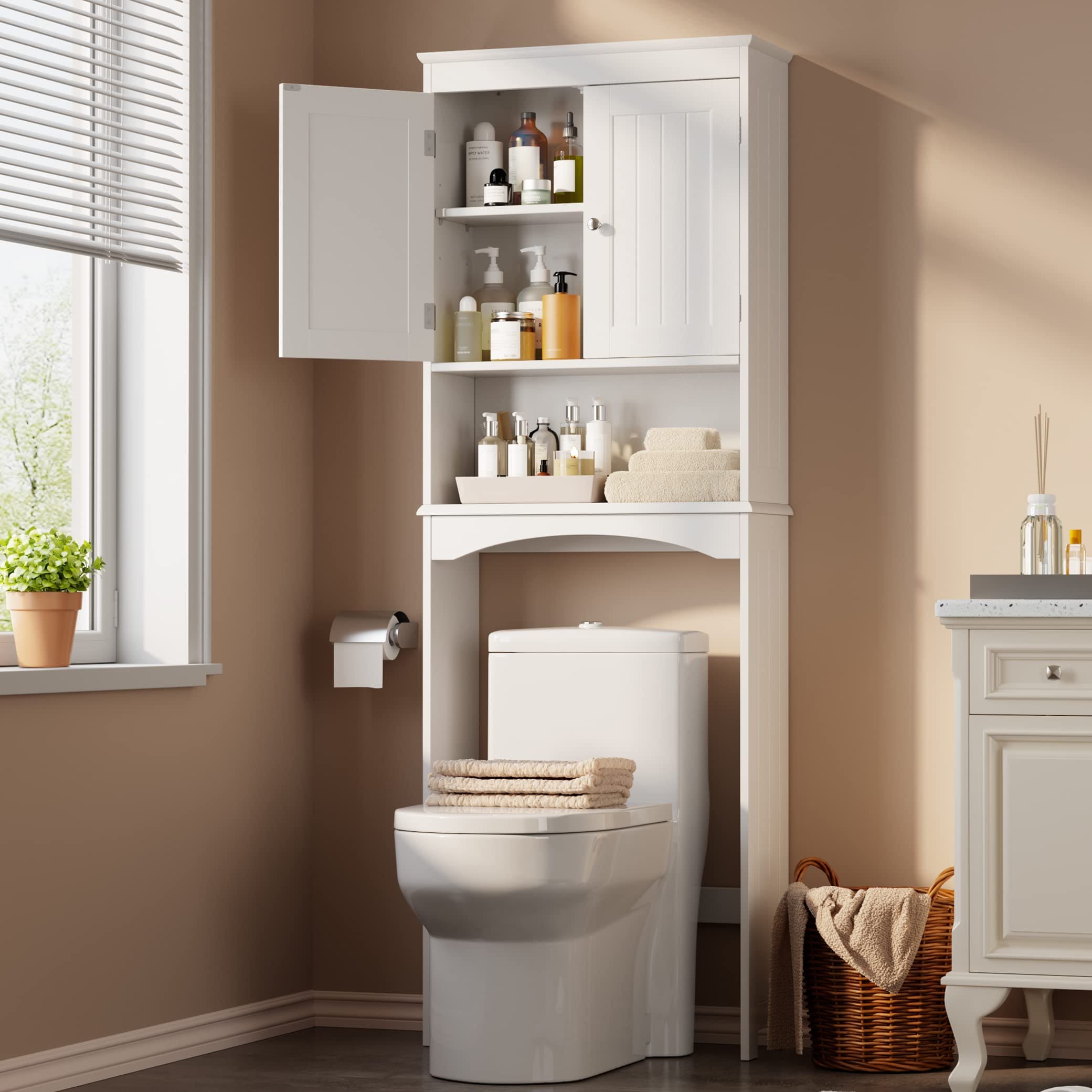 Lofka Over the Toilet Storage Cabinet with Adjustable Shelf and Double Doors Bathroom Space Saver Organizer Above Toilet with Open Shelf Taller Wooden Free Standing Toilet Rack Gray