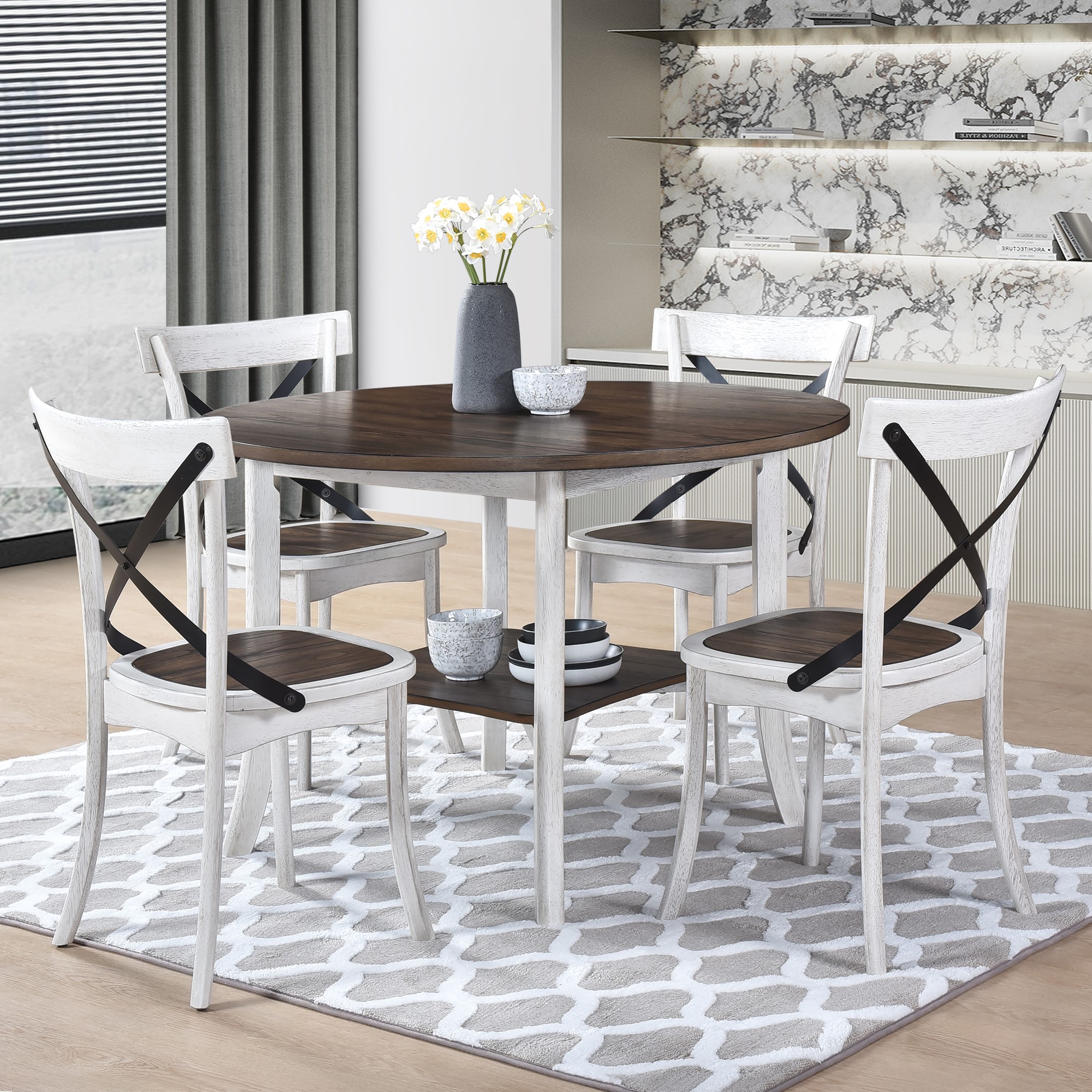 Flynama L-537S00003 Antique Dark Oak and Antique White Contemporary/Modern Dining Room Set with Round Table ( Seats 4 )