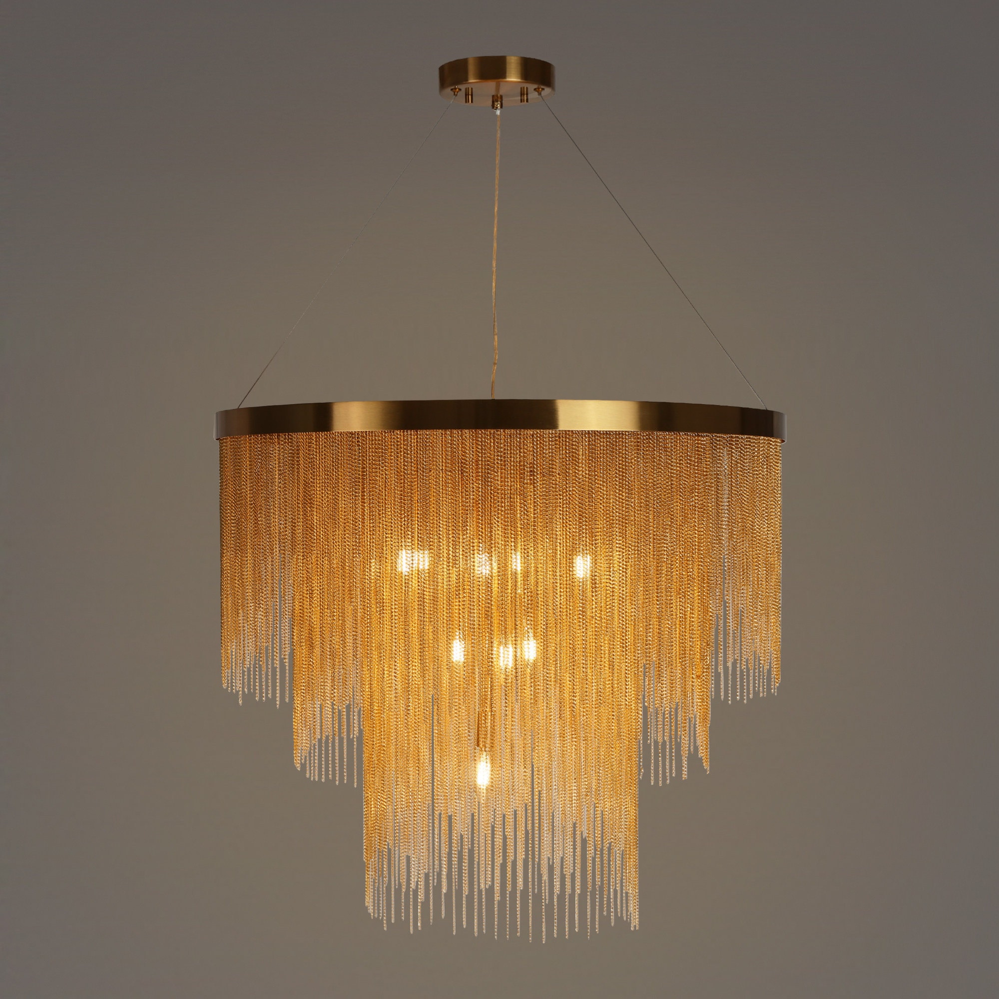Gold 3-Tier Chain Tassel Drum Chandelier