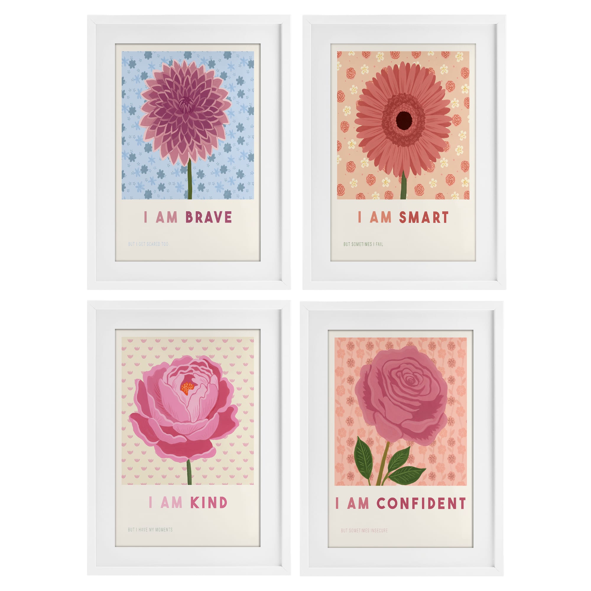 Stupell Industries A4-304-MFW-4PC-17X23 Inspiring Flower Affirmations White 4pc Framed Print Under Glass Set 17 x 23