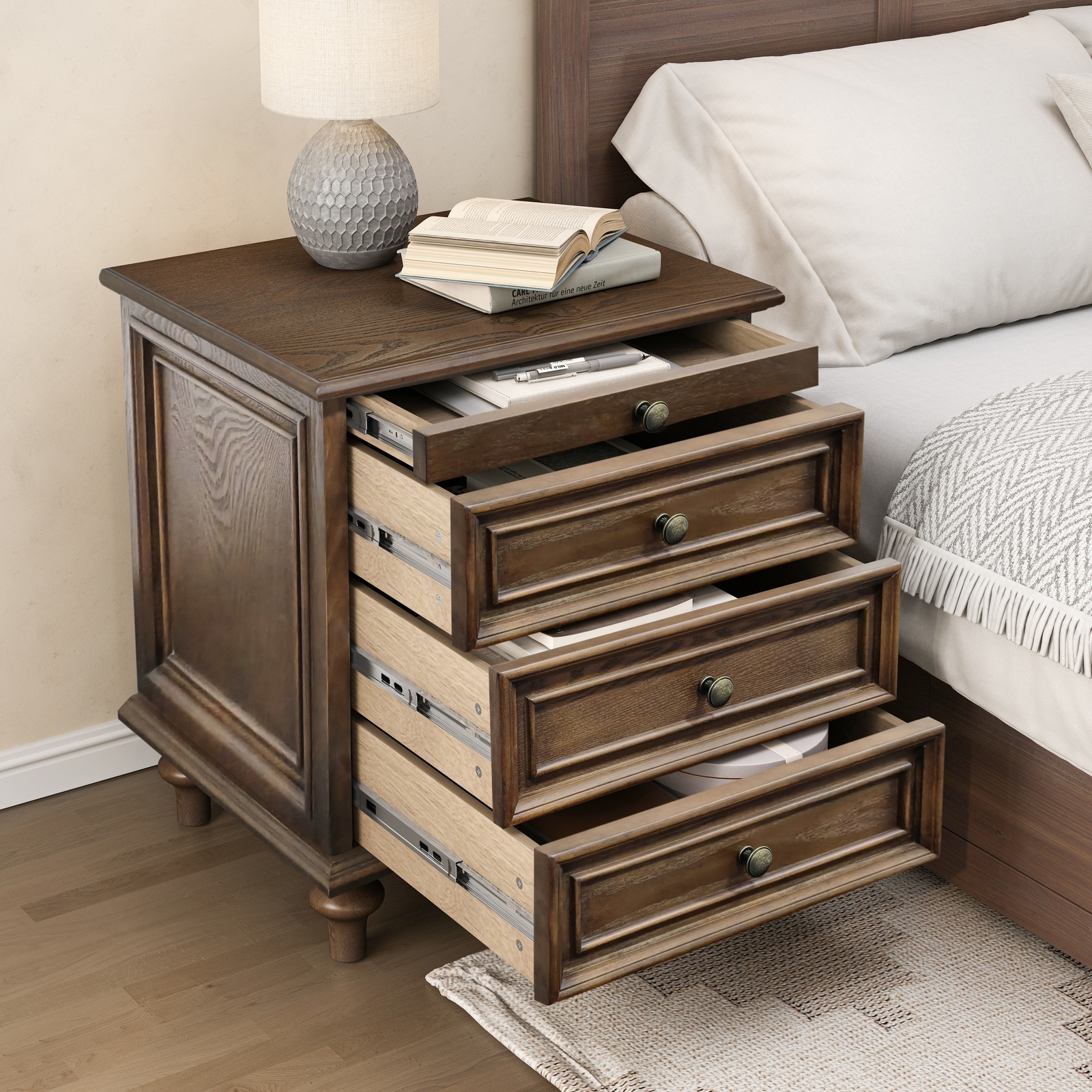 Horizons Prime - Walnut Brown Pine Wood Ash Wood MDF Metal Farmhouse Nightstand with 4 Drawer and...