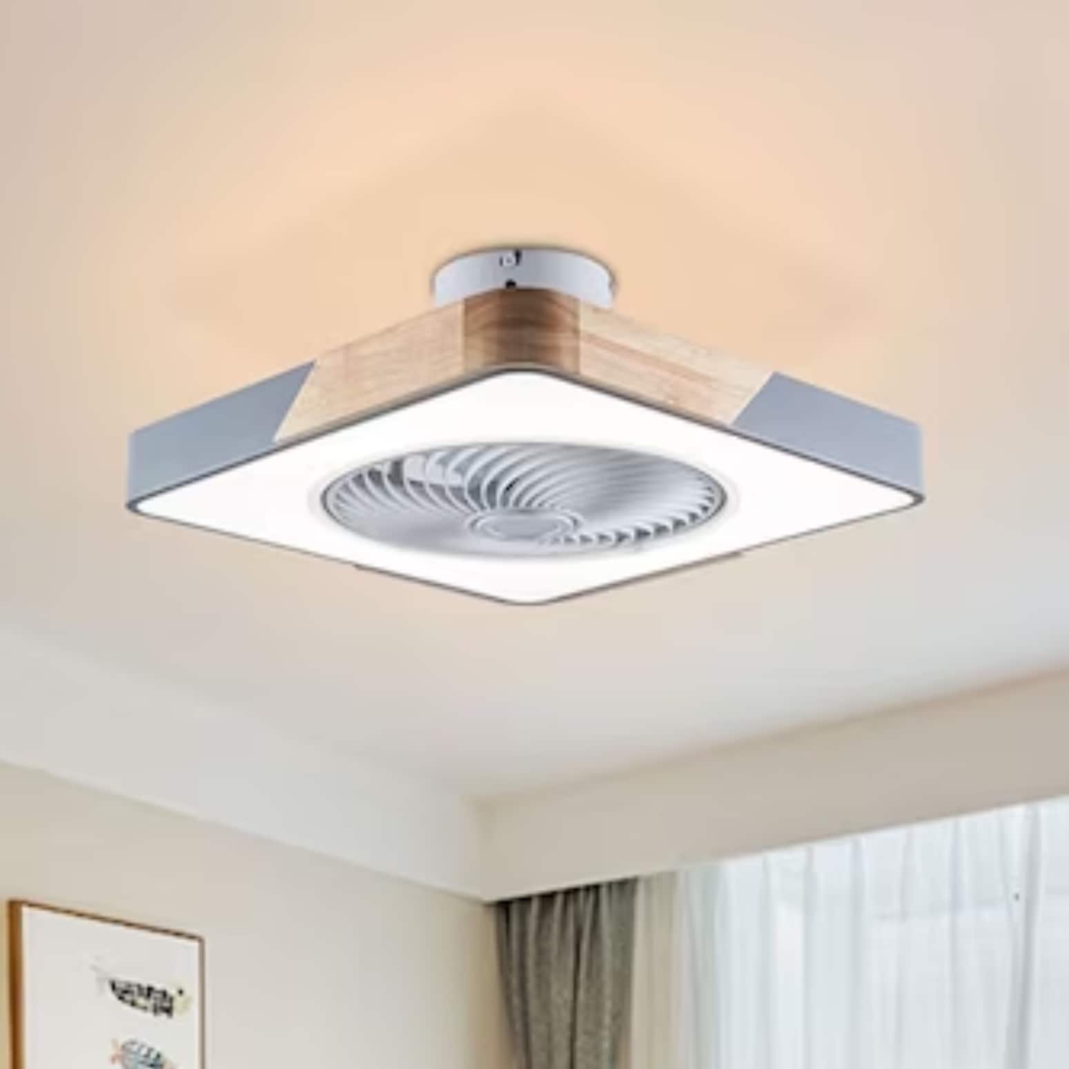 Oukaning HG-HCXLST-3873-US-BT 22-in Color-Changing Integrated LED Flush Mount Macaron Wood Gray 6-Speed Reversible with ABS Blades Bladeless Ceiling Fan With Light - Remote Included ( 5 -Blade )