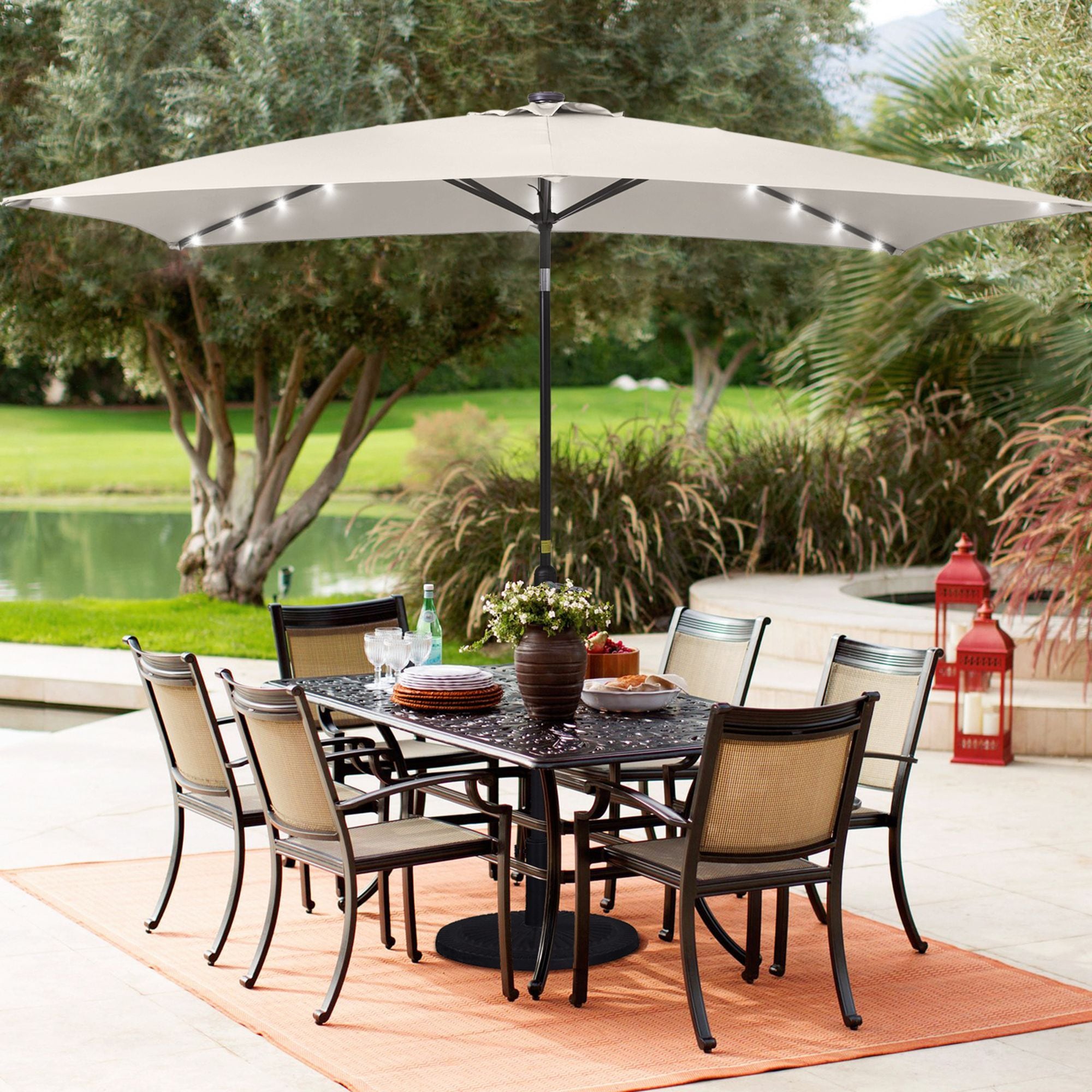 Sonkuki 10-ft Steel Beige Push-button Tilt Market Patio Umbrella with ...