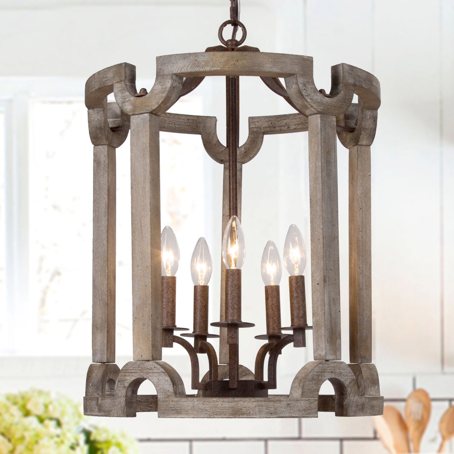 LNC RAAAFYLWS3699N7 Candle style 5 -Light Distressed Gray Farmhouse Cage Wood For Use in Bedrooms, Dining Rooms, Foyers, Kitchens, Living Rooms Chandelier