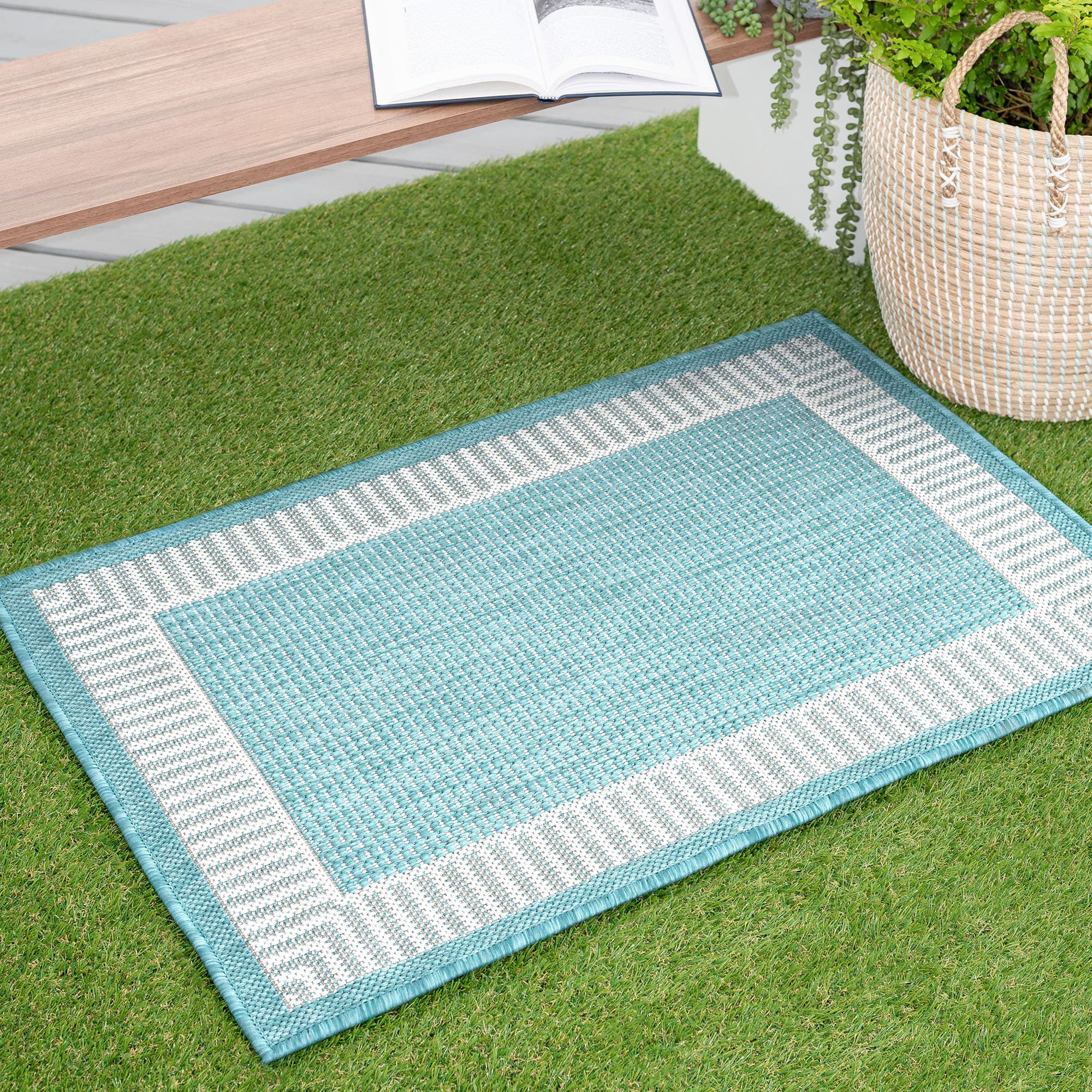 Tayse ECO1106 2X3 Eco 2 x 3 (ft) Flatweave Polypropylene Aqua Rectangular Indoor/Outdoor Border Coastal Throw rug