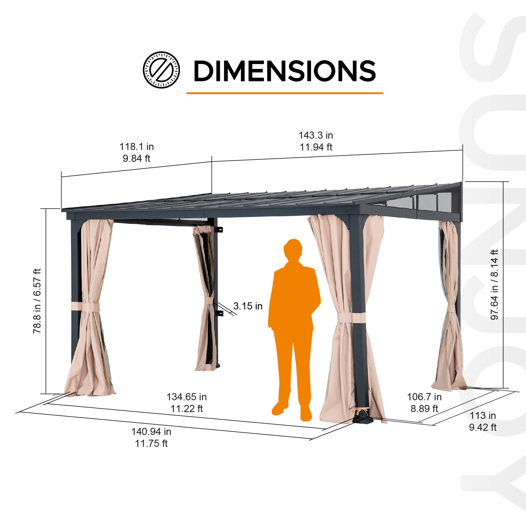 Large Black Wall-Mounted Gazebo with Curtains and Netting