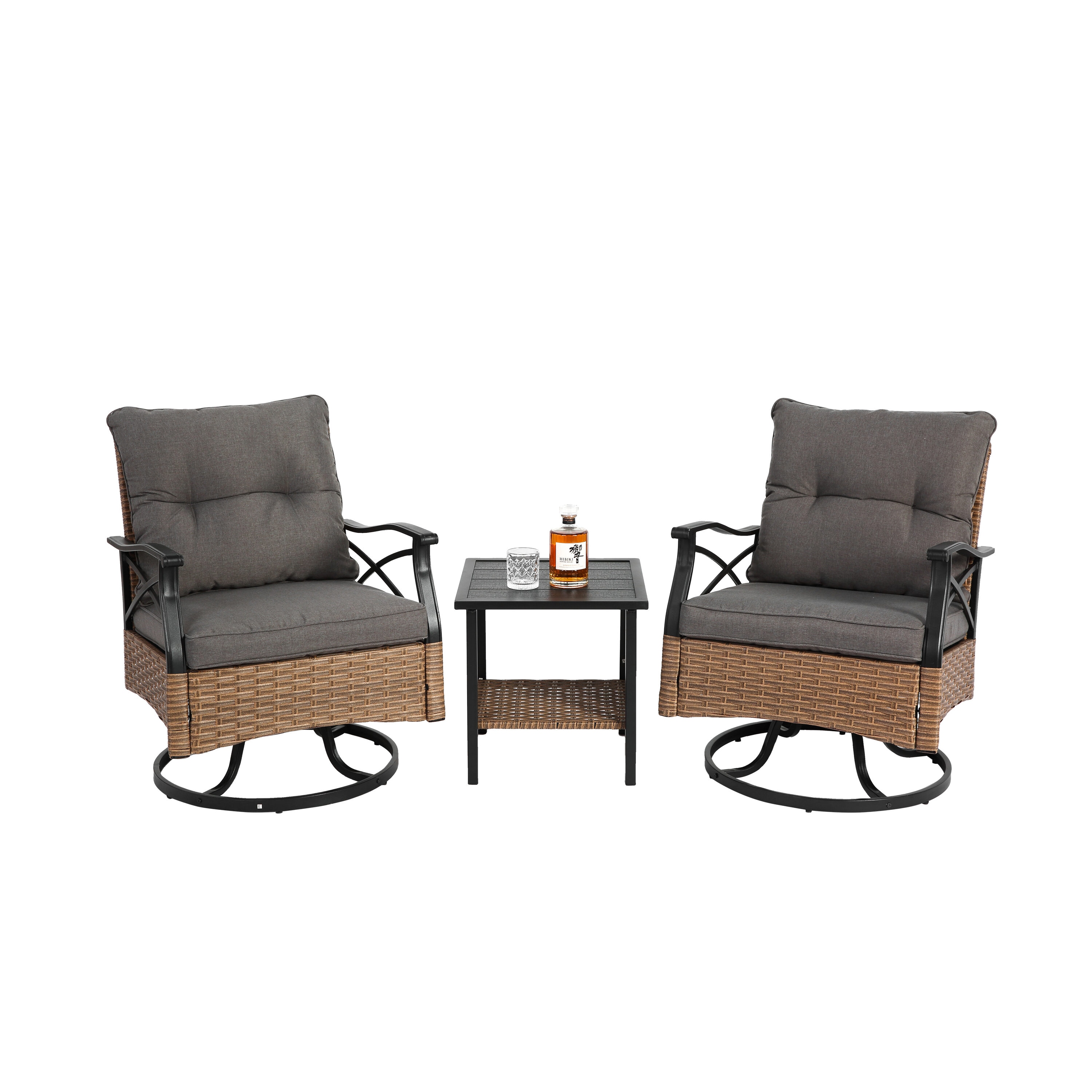 AHIOU HOME ZAAHG-P256770PS Alton 3-Piece Rattan Patio Conversation Set with Gray Cushions