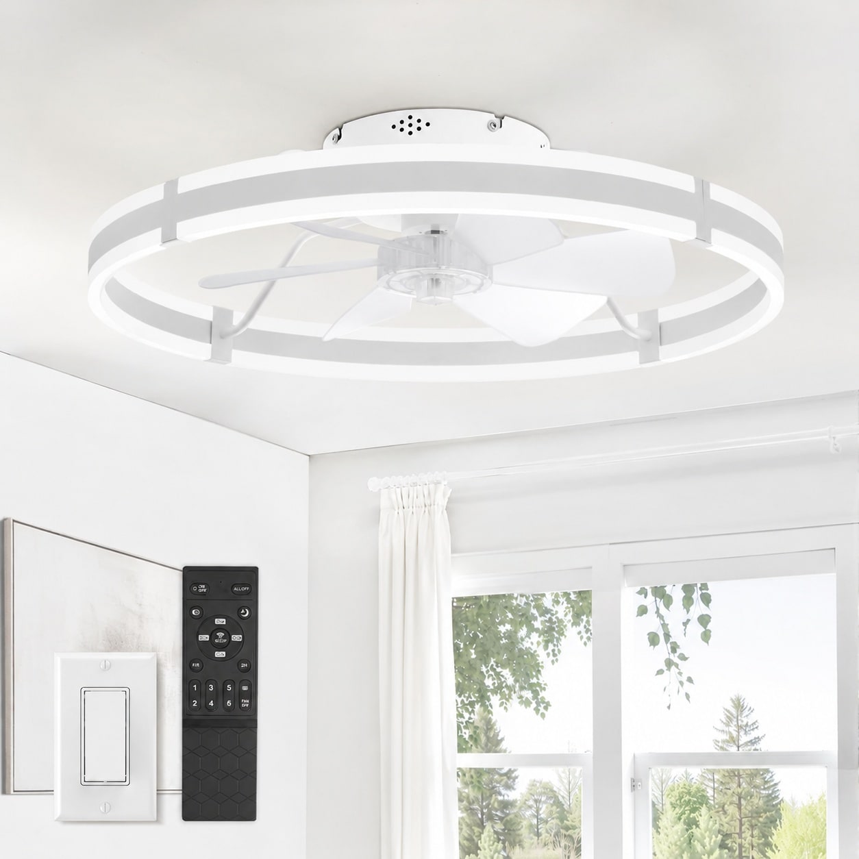 AKSCYZM  24 Inch Ceiling Fan with LED Light Remote App Control Low Profile Flush Mount Dimmable Adjustable Color Bedroom Living Room White
