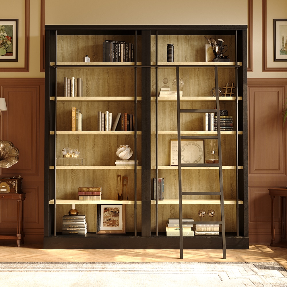 Homsee 86.6-Inch Black and Natural Wood Tall Double Bookcase with
