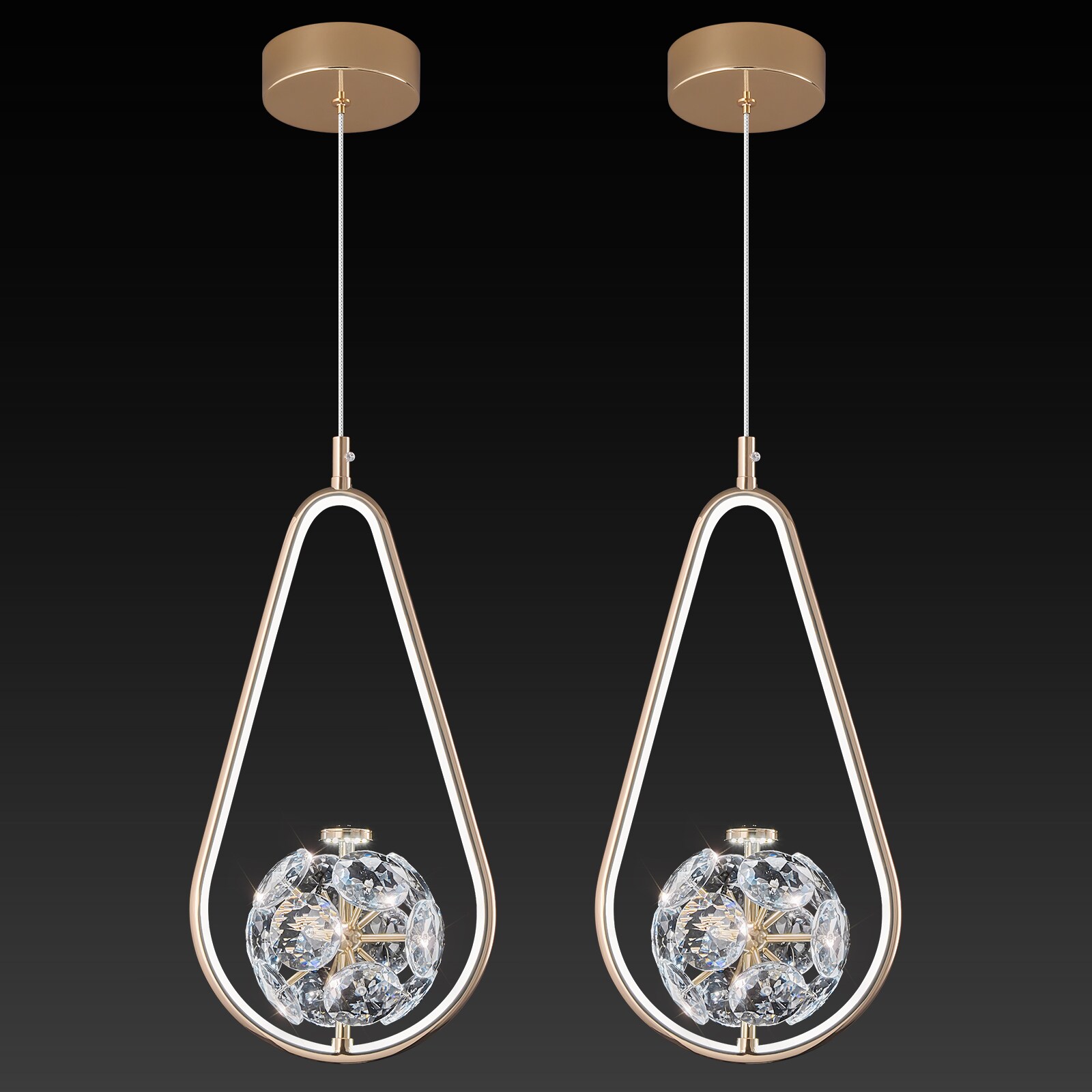 ZHLLMQ Firework 8.66in 1-Light 2-Pack Modern Brushed Gold Crystal Teardrop Integrated LED Hardwired Pendant Light for Kitchen Island