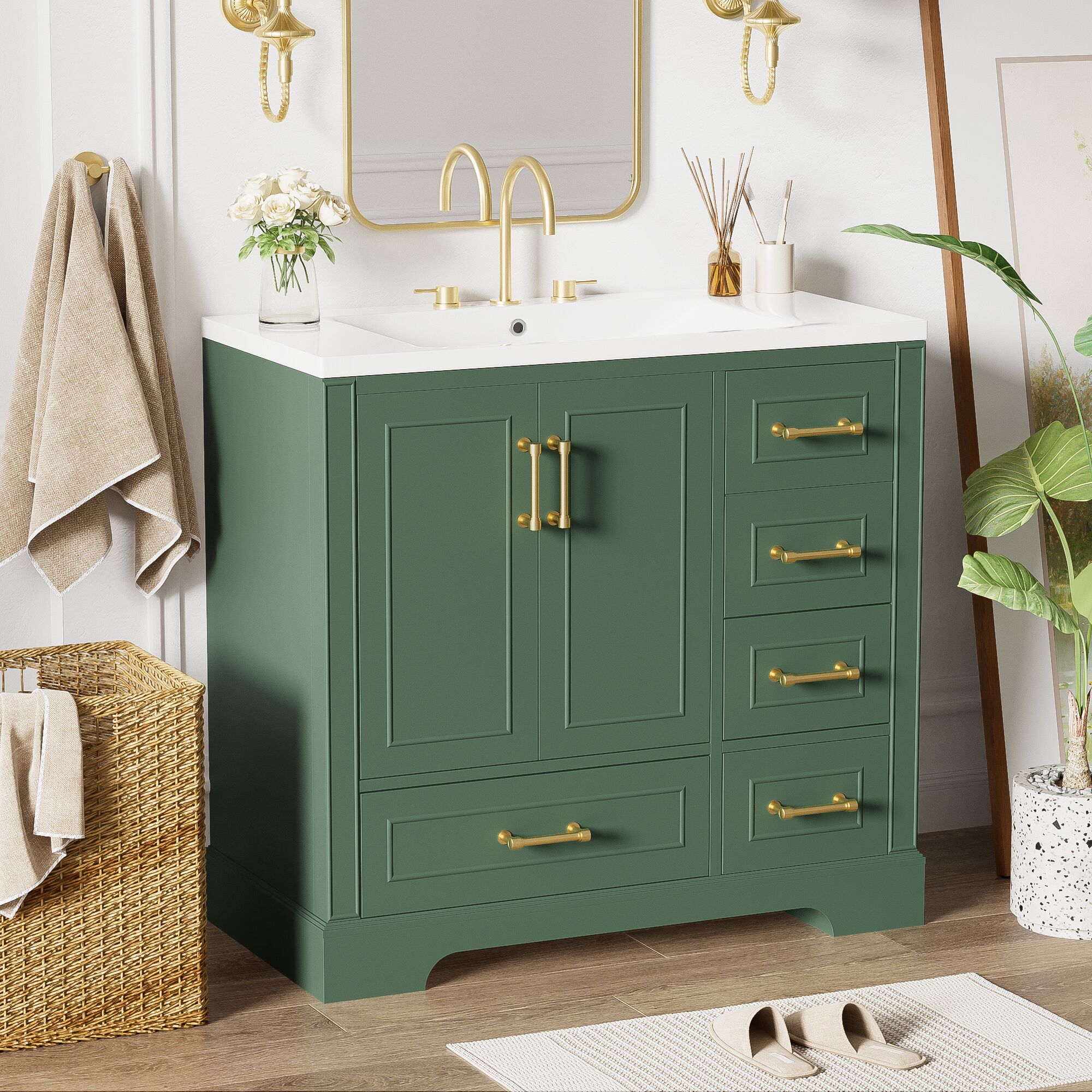 GDFStudio Lily 36 in. Traditional Bathroom Vanity with Resin Sink and Soft-close Doors and 4 Drawers - Green