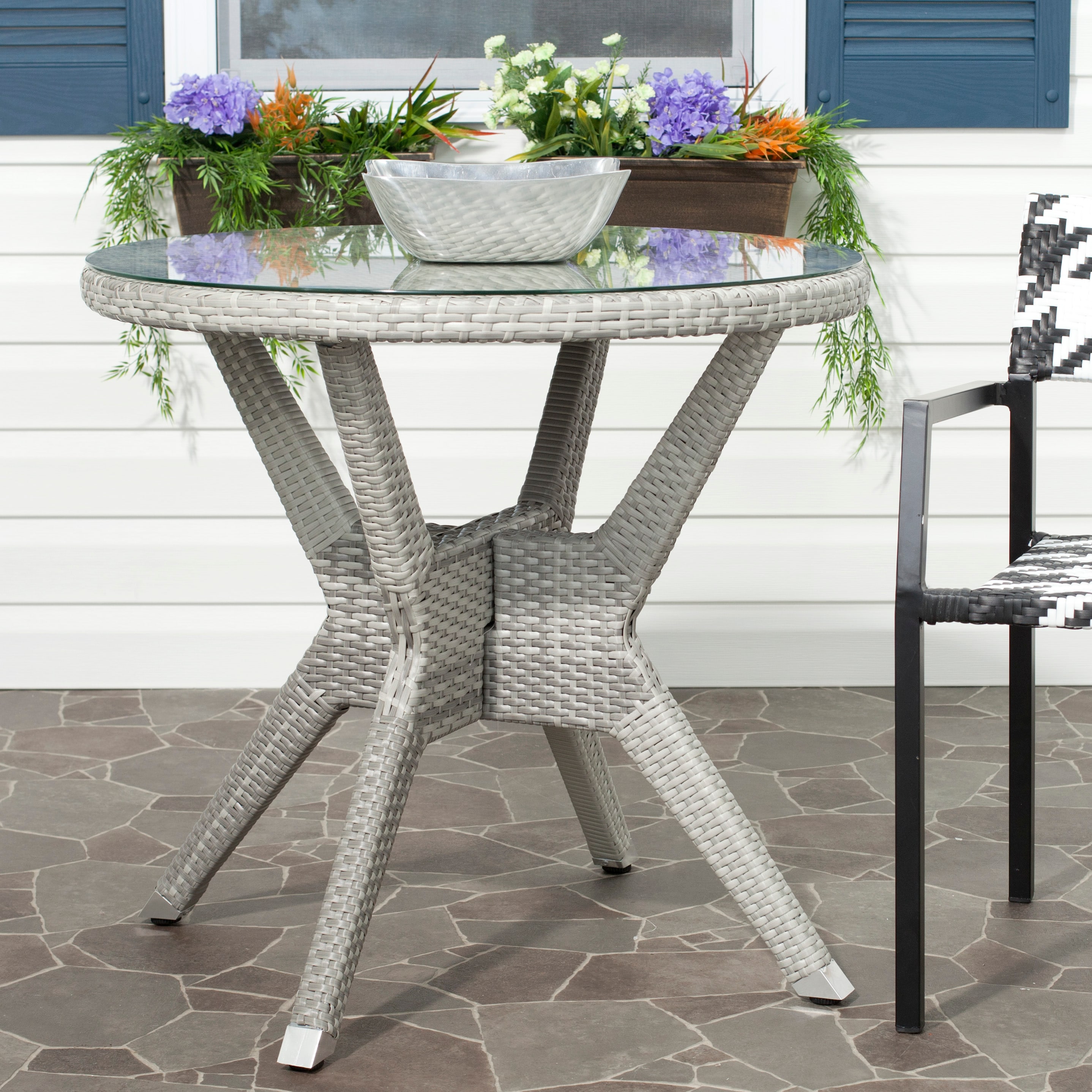 Langer Gray Round Wicker and Glass Dining Table