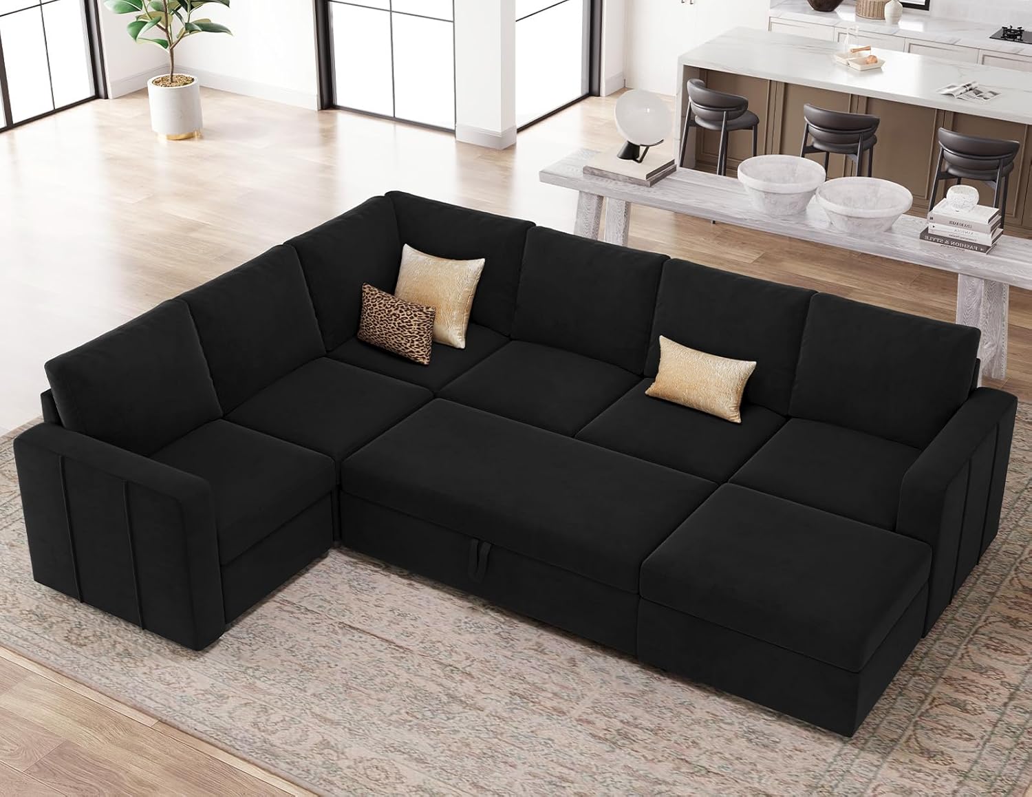 Belffin BF096V-AB3CDE-BLACK Modular Sectional Sleeper Sofa with Pull Out Bed and Storage Ottoman Velvet U Shape Sleeper Sectional Couch Oversized Convertible 7-Seater Sofa