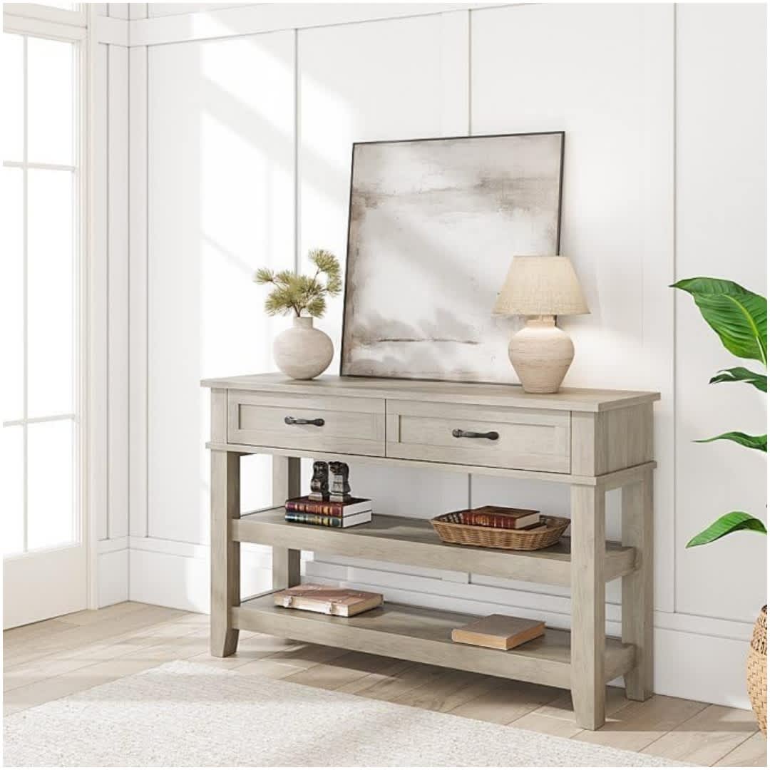Qeetex GGL-PHO-355ND6YL Entryway Table Console Table with 2 Storage Drawers 3 Tier Farmhouse Wooden Sofa Table Hallway Tables for Entryway Living RoomGrey