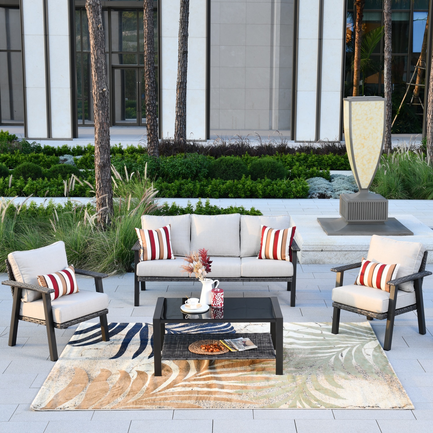 Pouuin SHW60T04 4 -Piece Rattan Patio Sofa Conversation Set with Off-white Cushions