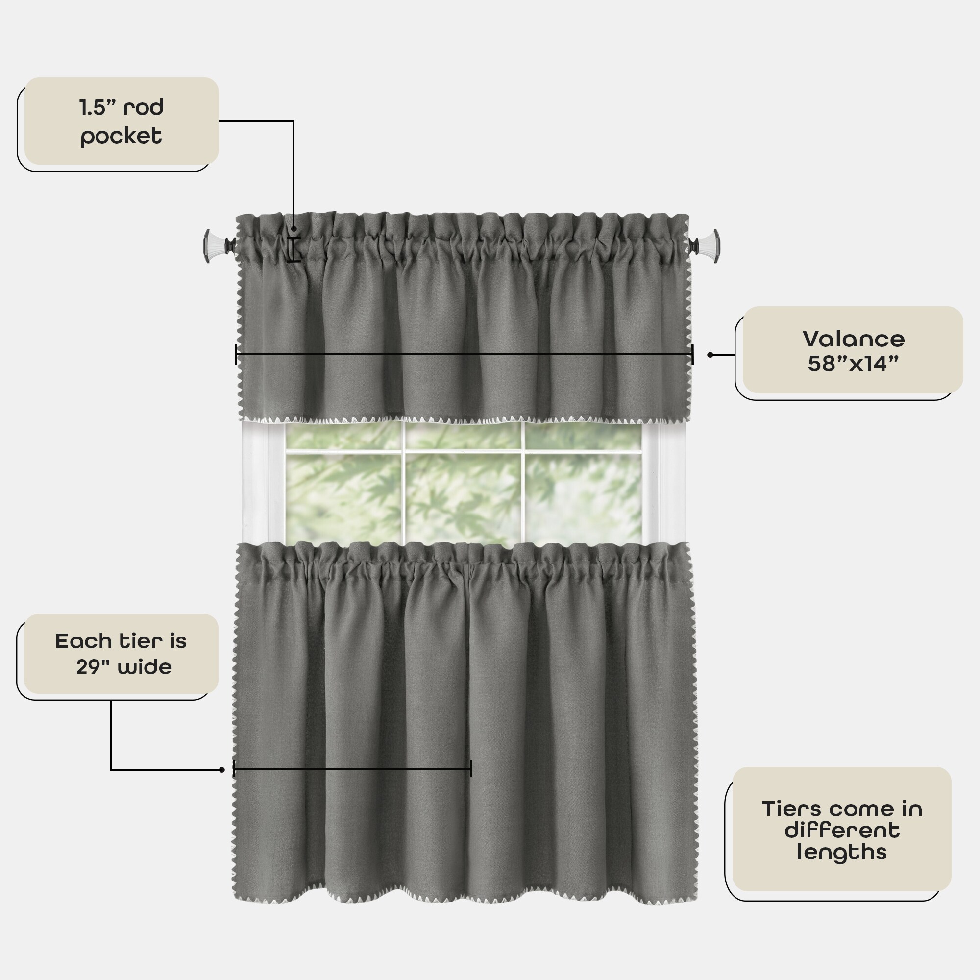 Achim Kendal 36in Grey Polyester Rod Pocket Valance and Tier Set in the Valances department at