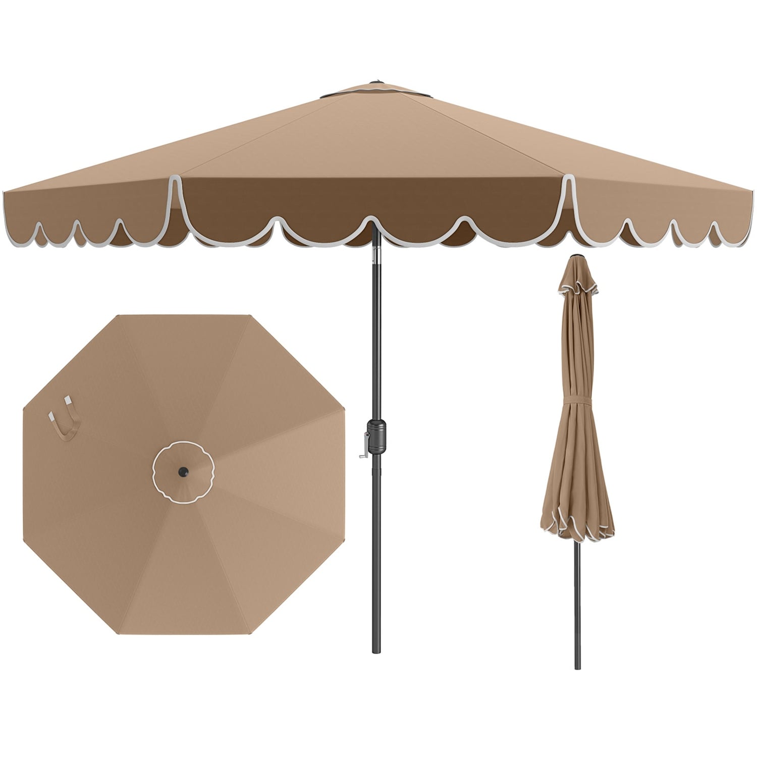 Costway HCST07534 10 FT Patio Umbrella with Crank Tilt Adjustment Ruffles Vented Top 8 Ribs Brown