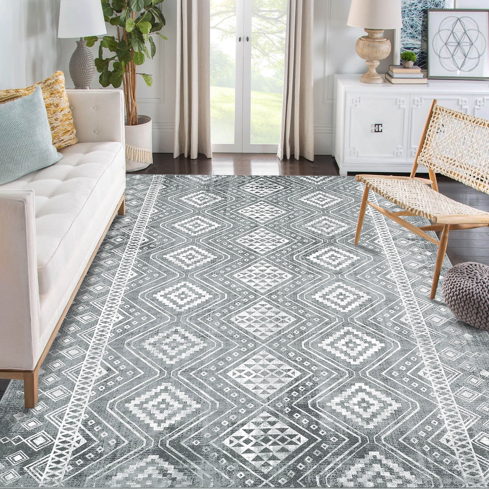 Garvee YXY-LO-PHO-0ZHVNHQP 8 x 10 (ft) Loomed Polyester Dark Gray Rectangular Indoor Geometric Mid-Century Modern Machine washable Area rug