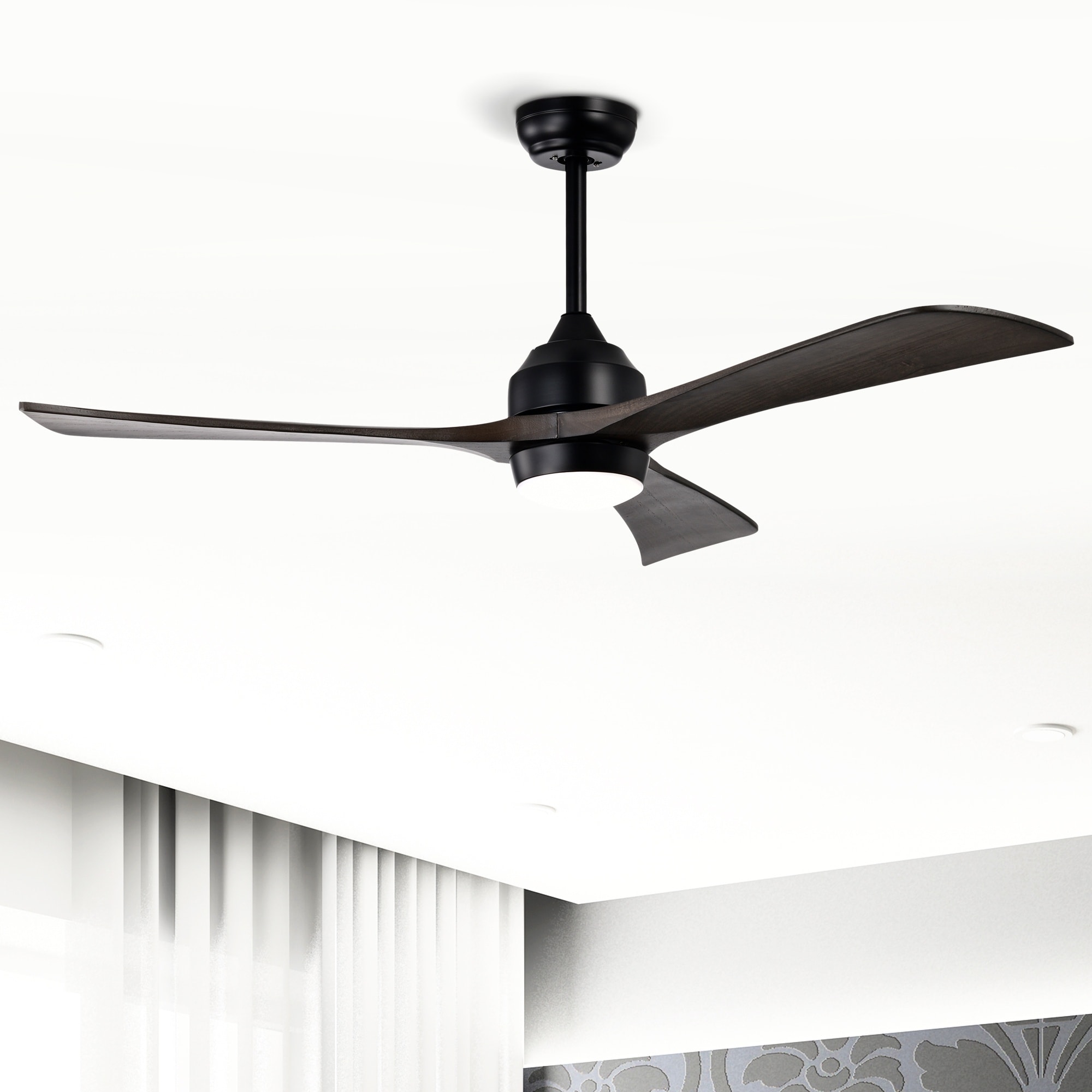 UOI 52 inch Matte Black and Black Walnut Wood Ceiling Fan with Lights Remote Control and Quiet DC Motor