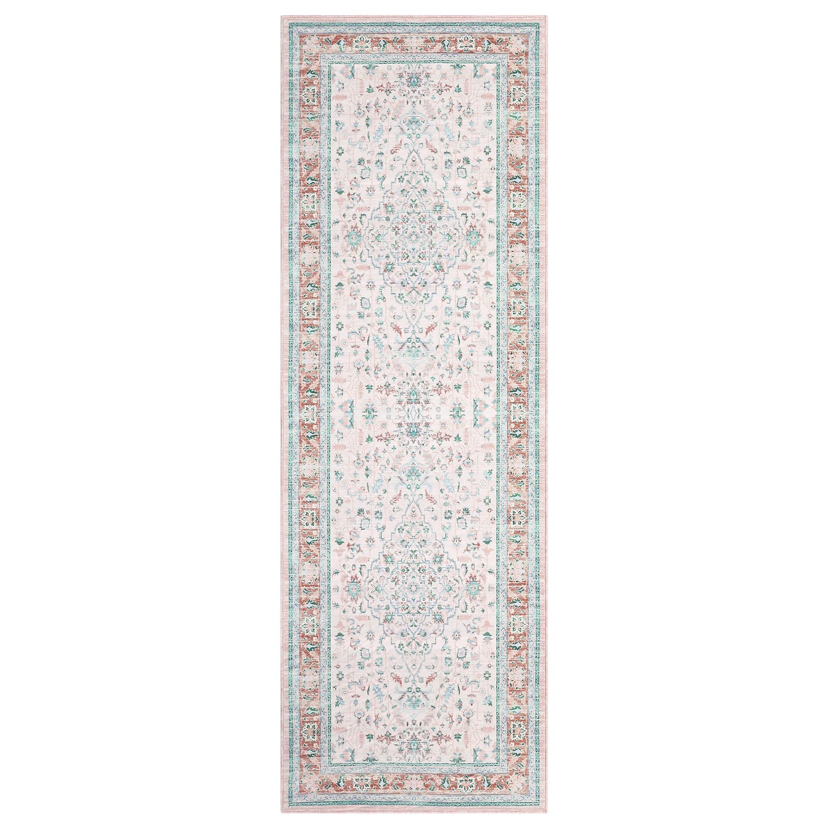 WhizMax SUNNY-PHK-33SGBWNC 2 x 6 ft Polyester Pink Rectangular Hallway Entryway Bathroom Kitchen Floral Print Vintage Machine Washable Runner Rug