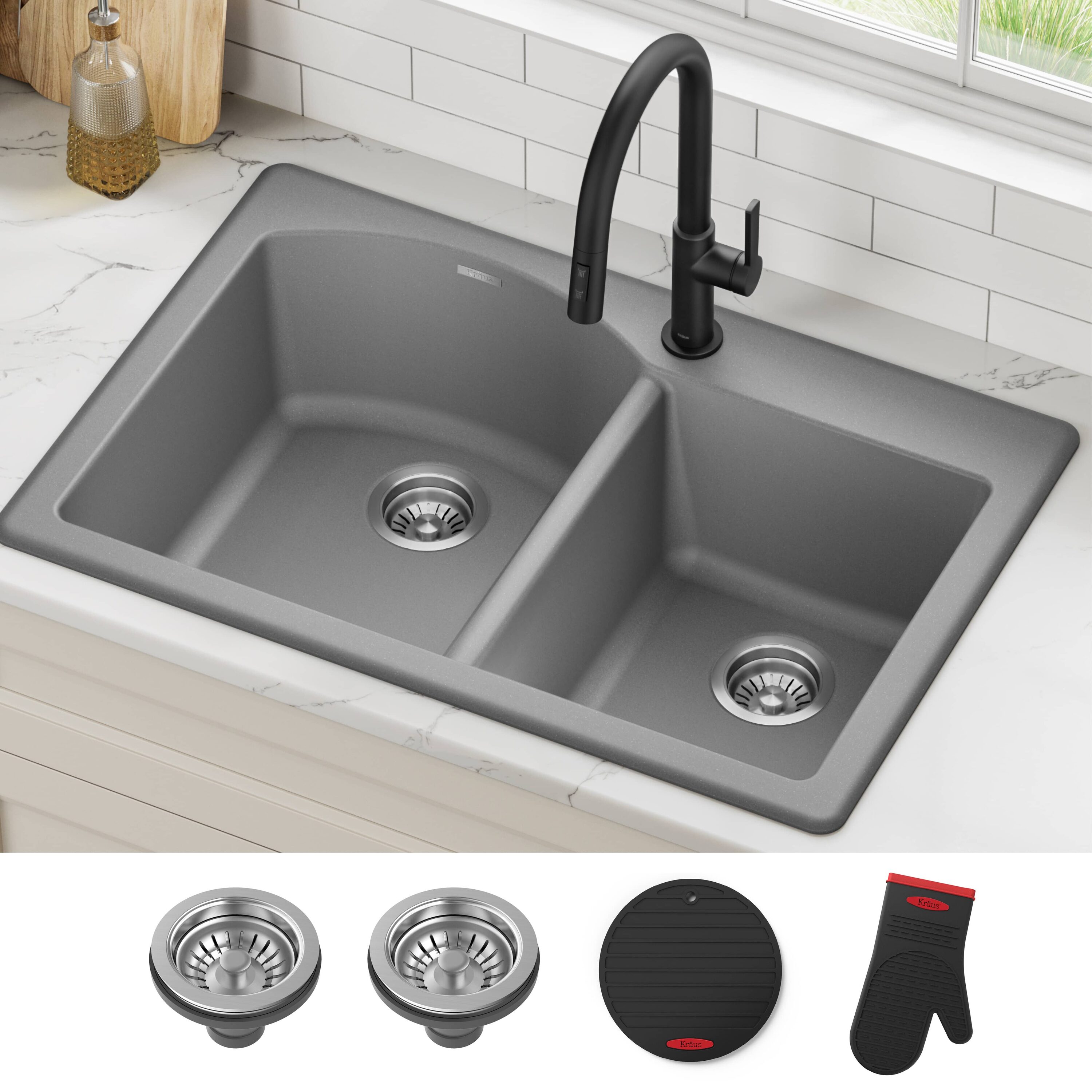 Kraus KGD-50GREY Forteza Dual-mount 33-in x 22.0-in Granite Double offset bowl 1-Hole Kitchen Sink