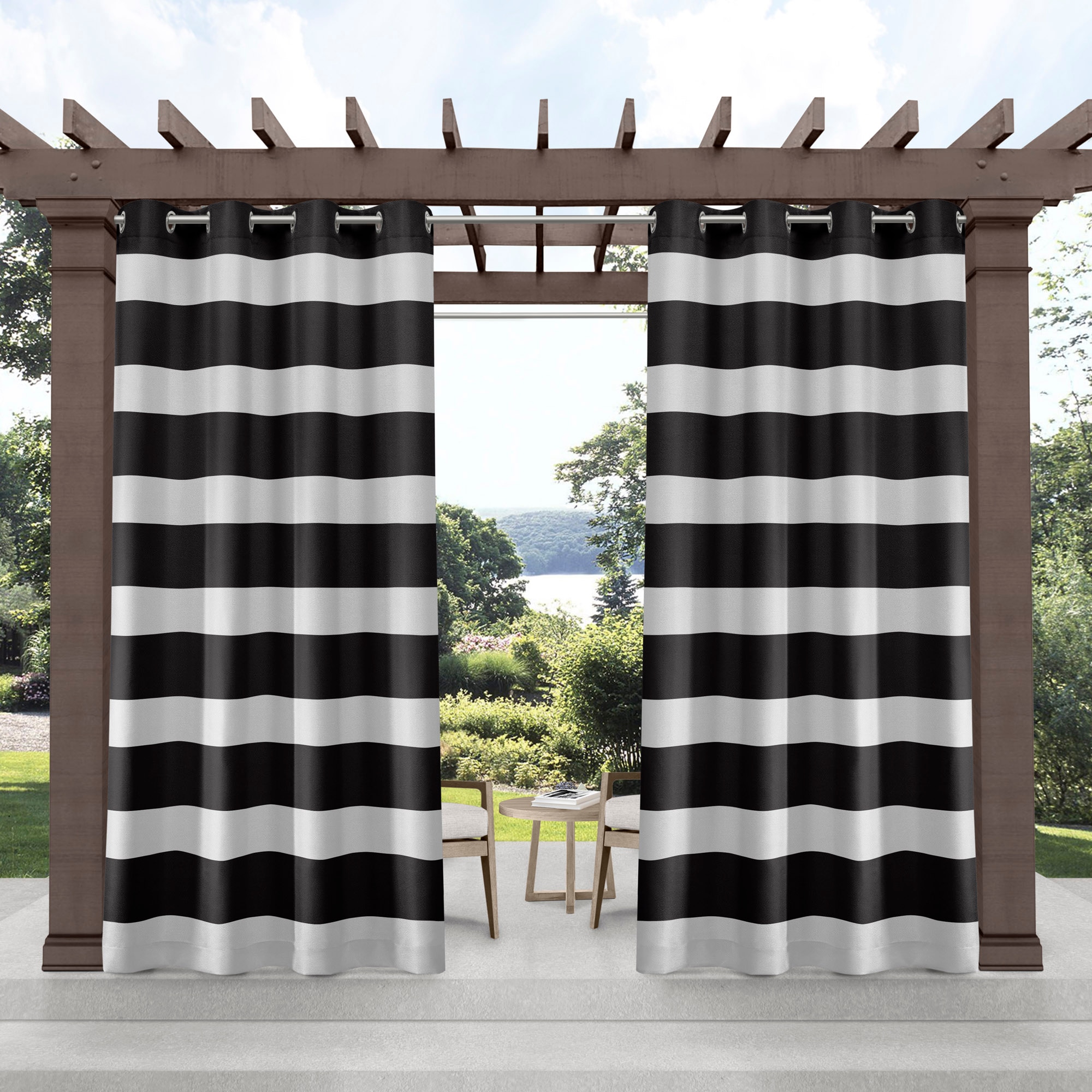 Exclusive Home YA013549DSEHF1 A111 108-in Outdoor Black Striped Light filtering Grommet Curtain panel pair