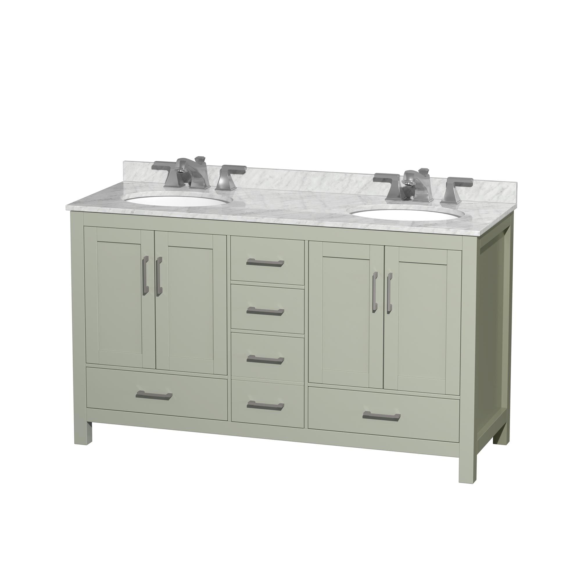 Wyndham Collection WCS141460DLGCMUNOMXX Sheffield 60-in Light Green Undermount Double Sink Bathroom Vanity with White Carrara Marble Marble Top