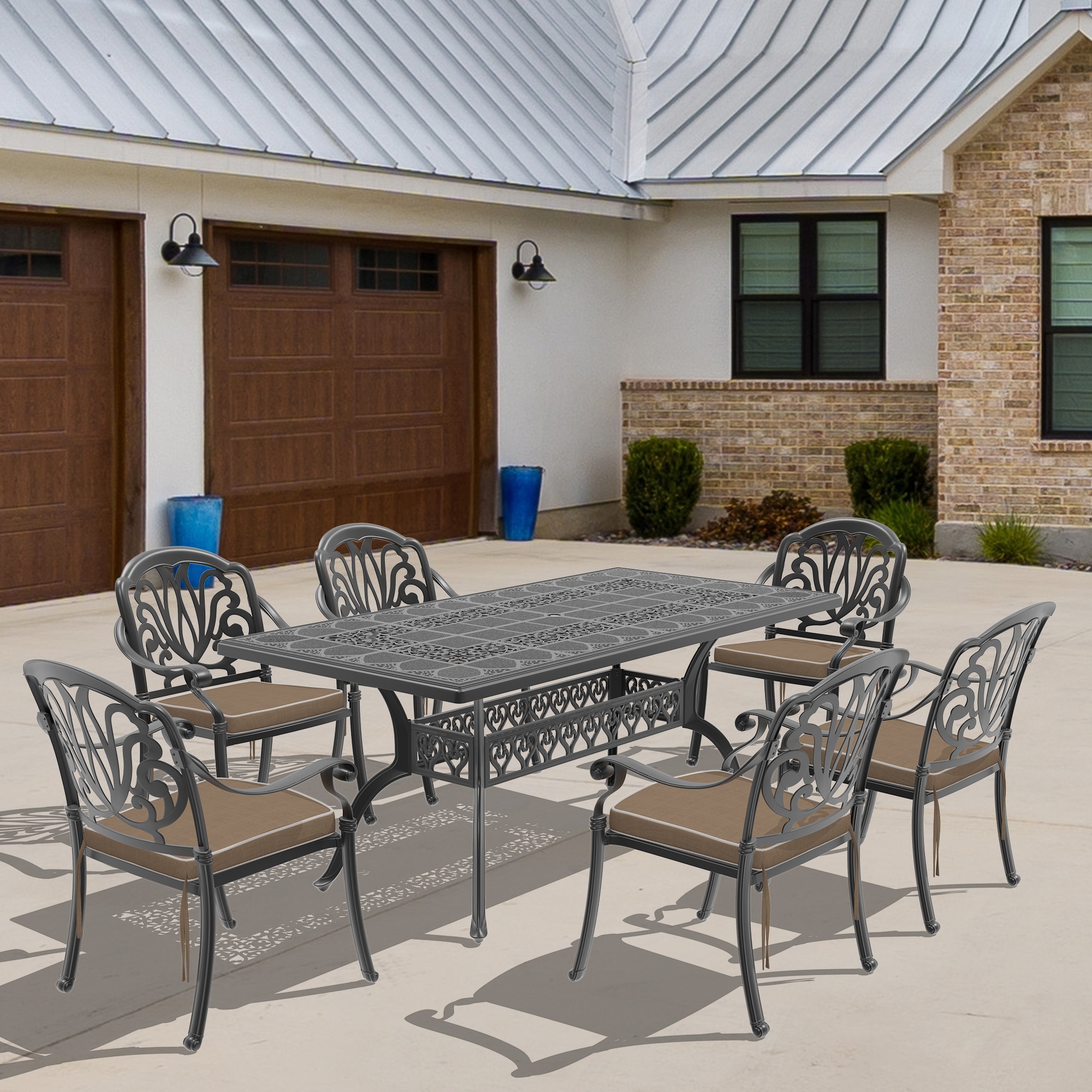nicesure SLBK6002CZ6A1176RC 7 -Piece Black Patio Dining Set Aluminum Rectangle Table with 6 Cushions Stackable Stationary Chairs