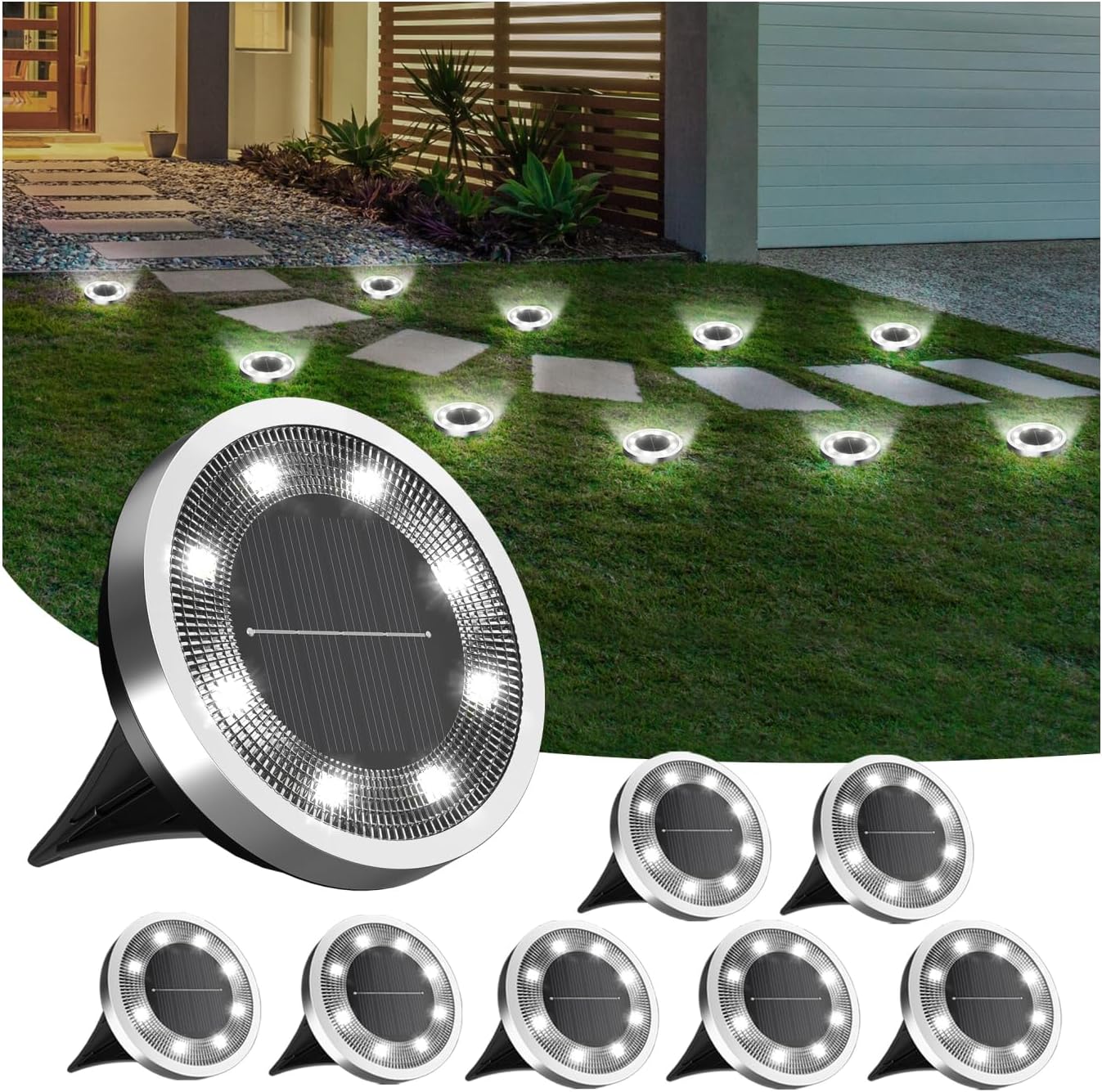 INCX  8 Pack Cold White Solar Ground Lights Outdoor Waterproof Landscape Lighting For Patio Pathway Lawn Yard Deck Driveway Walkway
