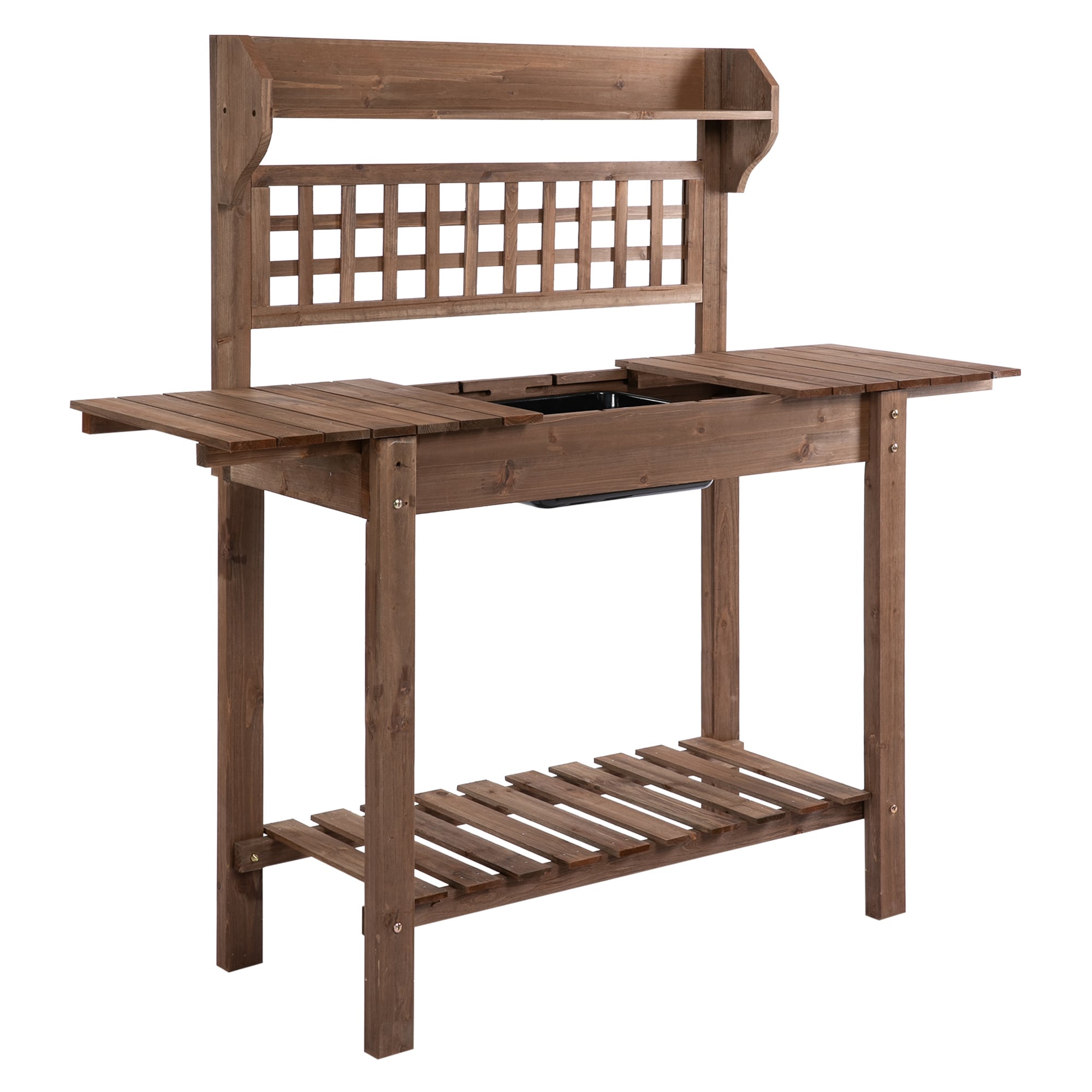 Outsunny 845-449BN 39'' Wooden Garden Potting Bench Work Table with Hidden Storage Sliding Tabletop Below Clapboard Upper Shelf Brown