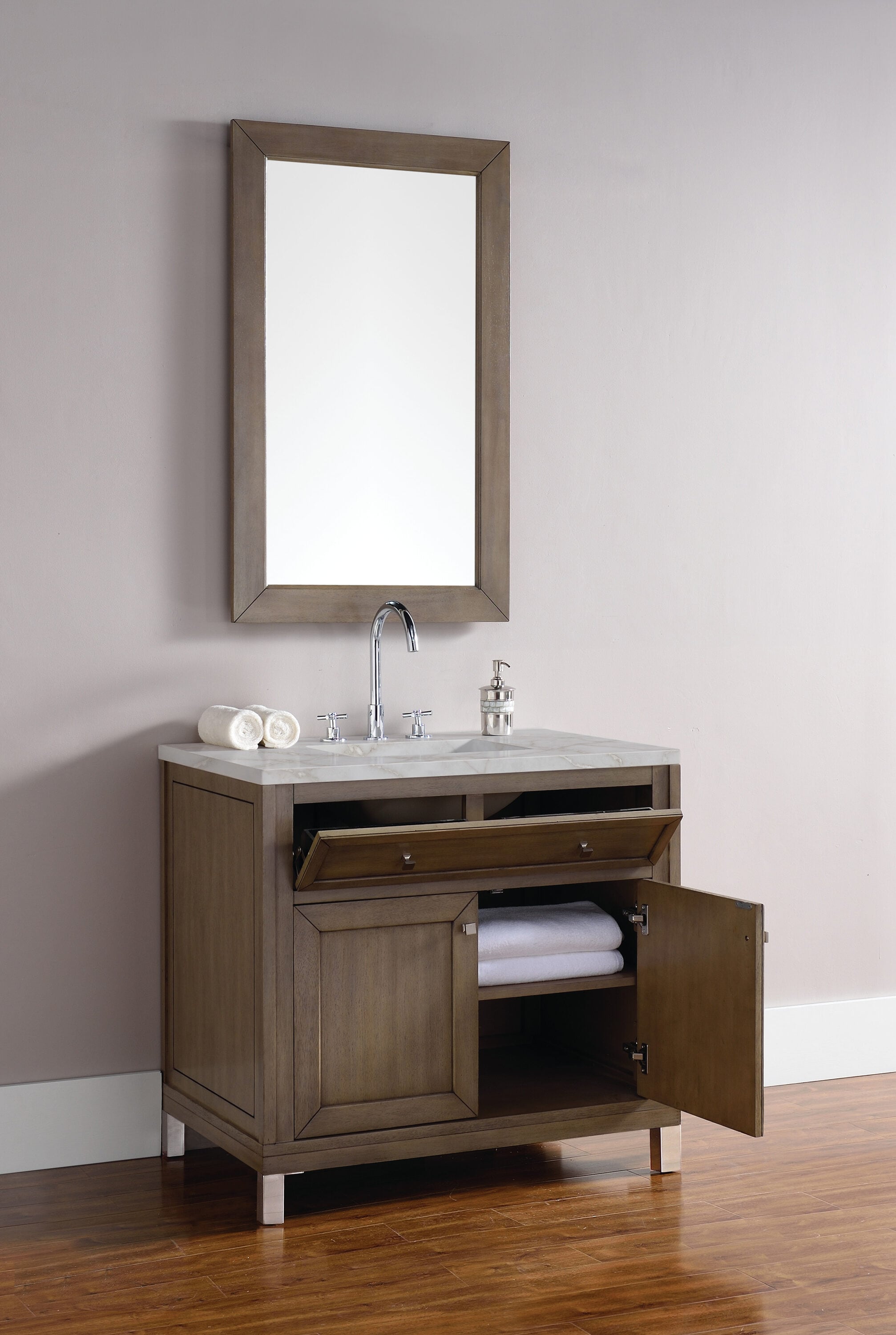 Chicago 36" Whitewashed Walnut Vanity with Victorian Silver Quartz Top