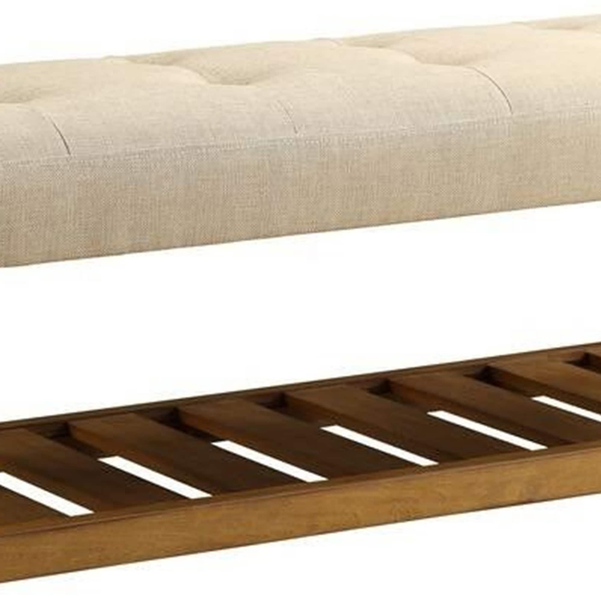 Beige Oak Wooden Bench with Storage and Tufted Seat