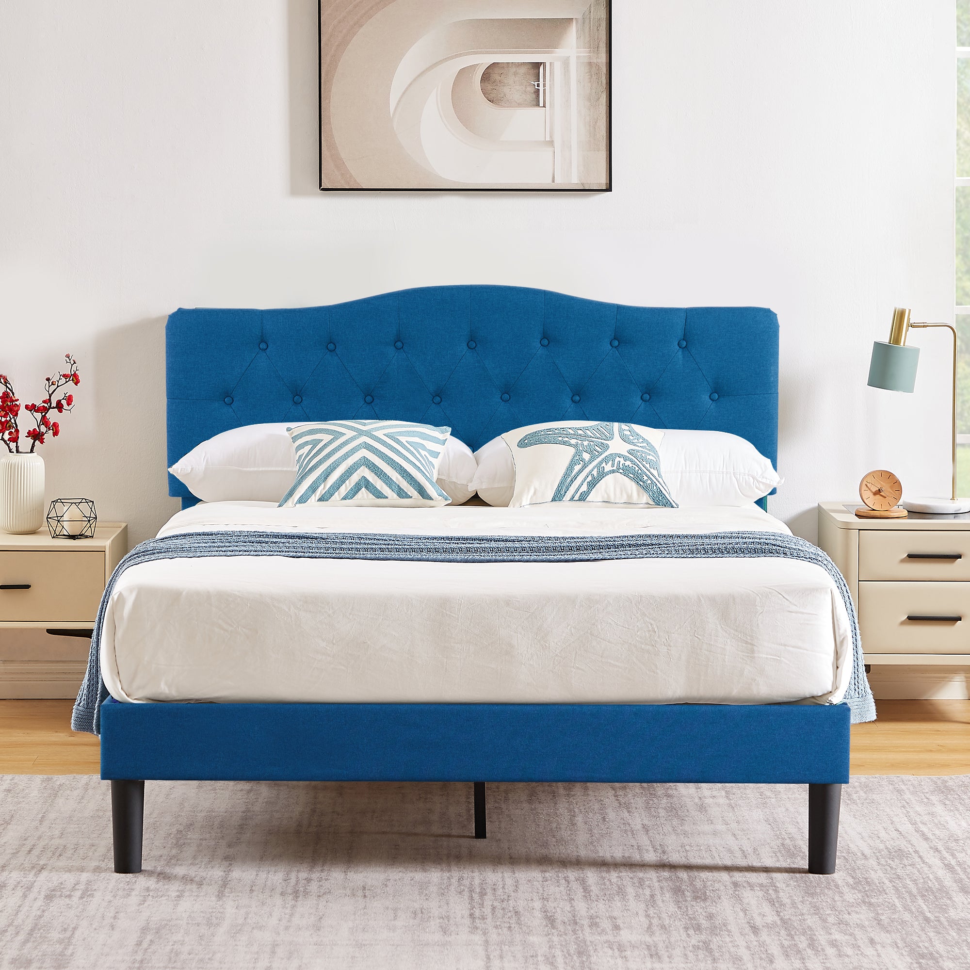 Vecelo LOE-BTJ-RQ04-BLU Queen Size Bed Frame Upholstered Platform with Adjustable Headboard Easy Assembly Blue