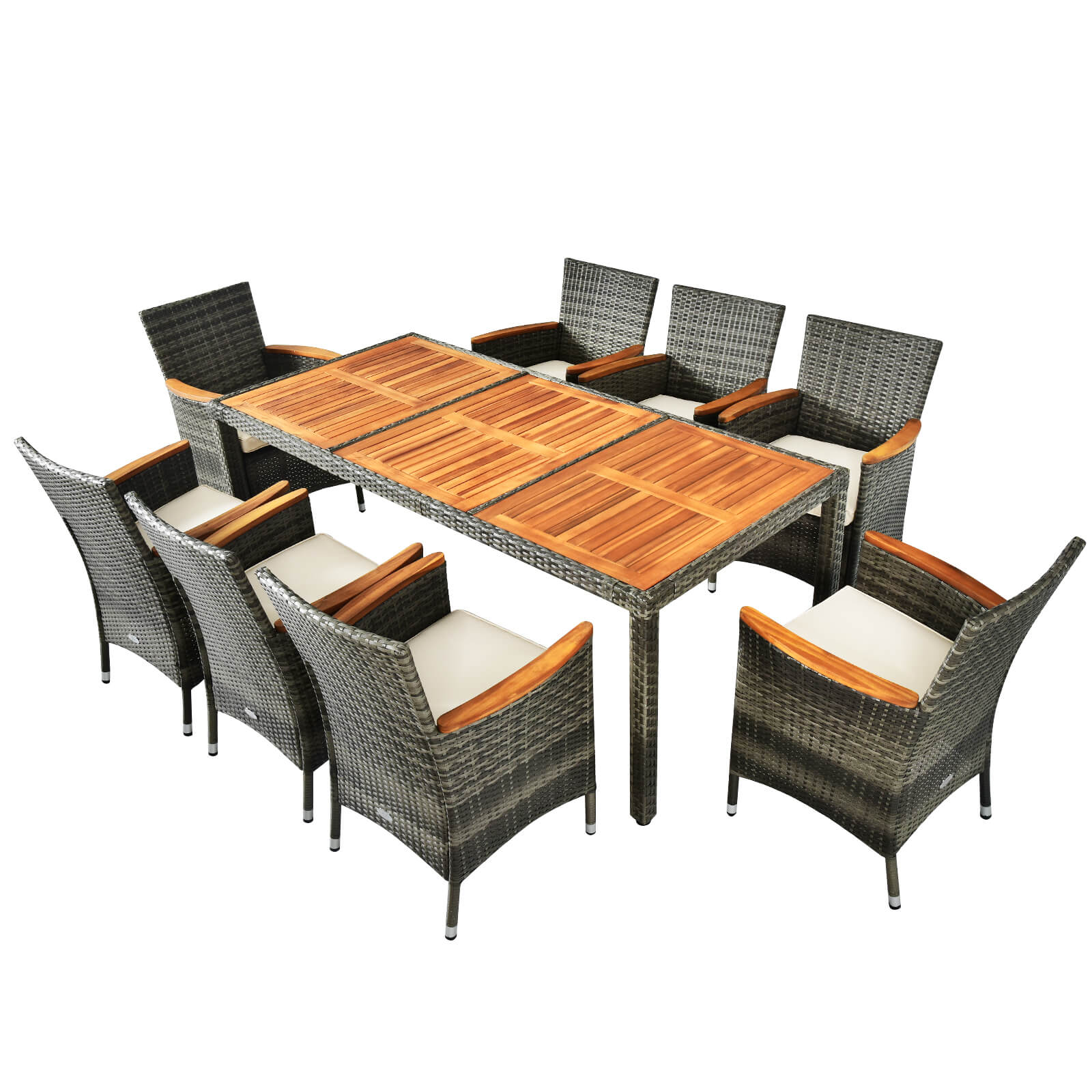 Poinic 9 -Piece Black Wicker Patio Dining Set Wood Rectangle Table with 8 White Cushions Stationary Chairs