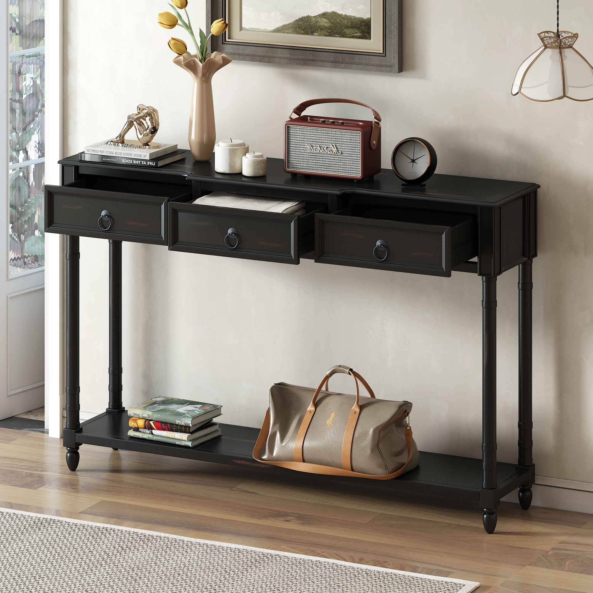 ZAKLOOP WU2181137473 3 -Drawers Black Wood Storage Storage drawer 34.3-Inches H x 13-Inches W x 34.3-Inches D