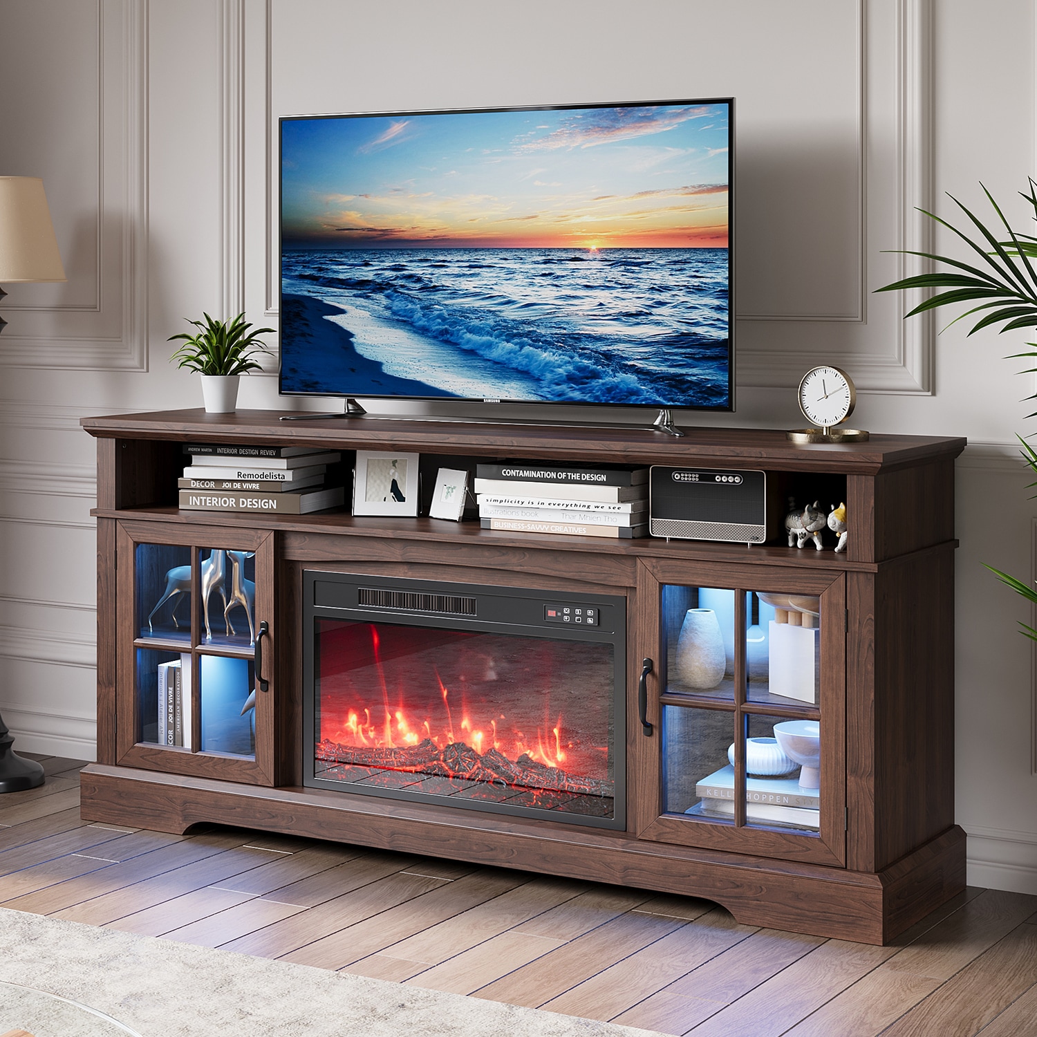 AOXUN 58-in W Brown TV Stand with Infrared quartz Flat Wall Electric Fireplace with Remote Control Included