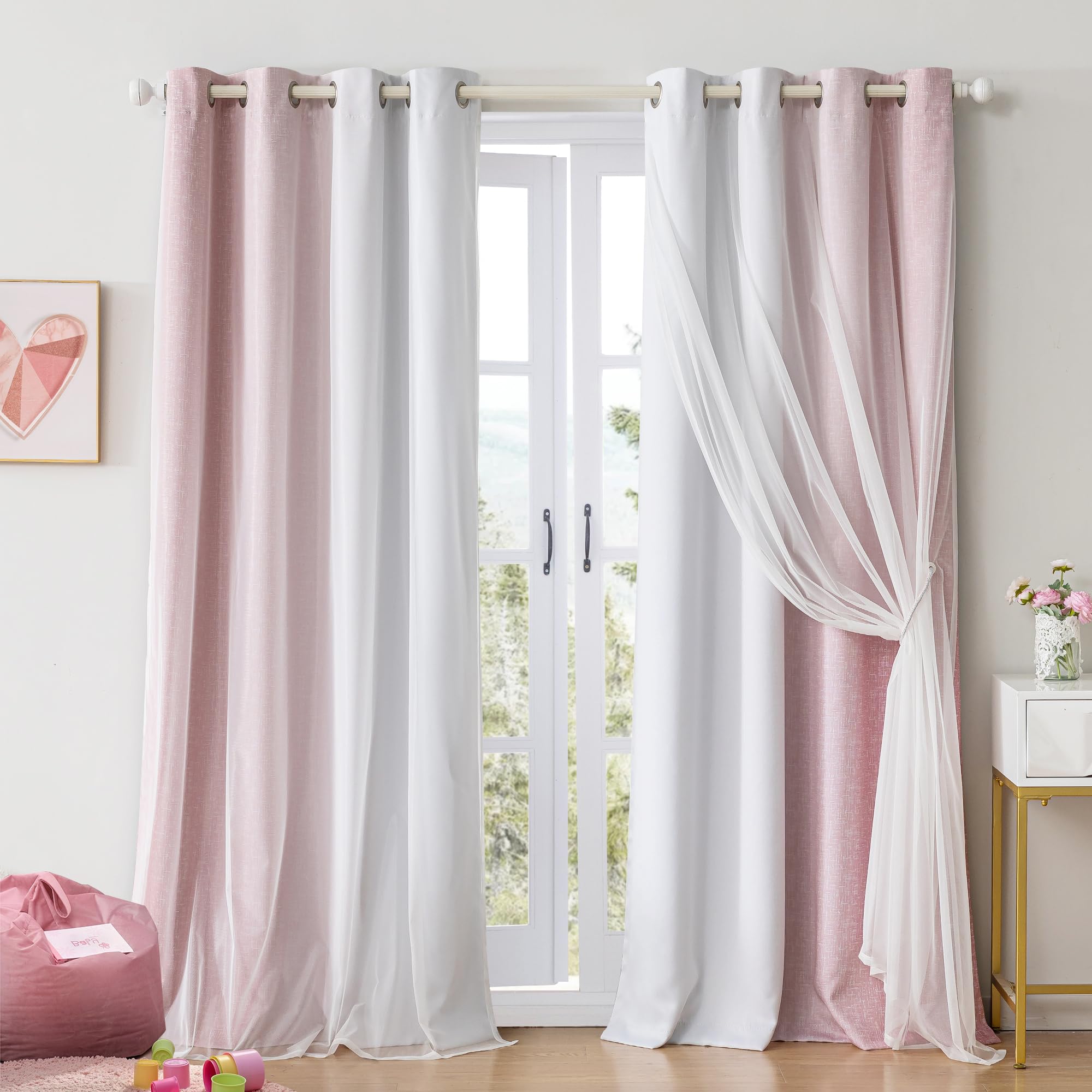 Vrbgify  Ombre Pink White Blackout Curtains 84 Inches Long Double Layer Sheer Overlay Thermal Soundproof Grommet Drapes for Girls Bedroom