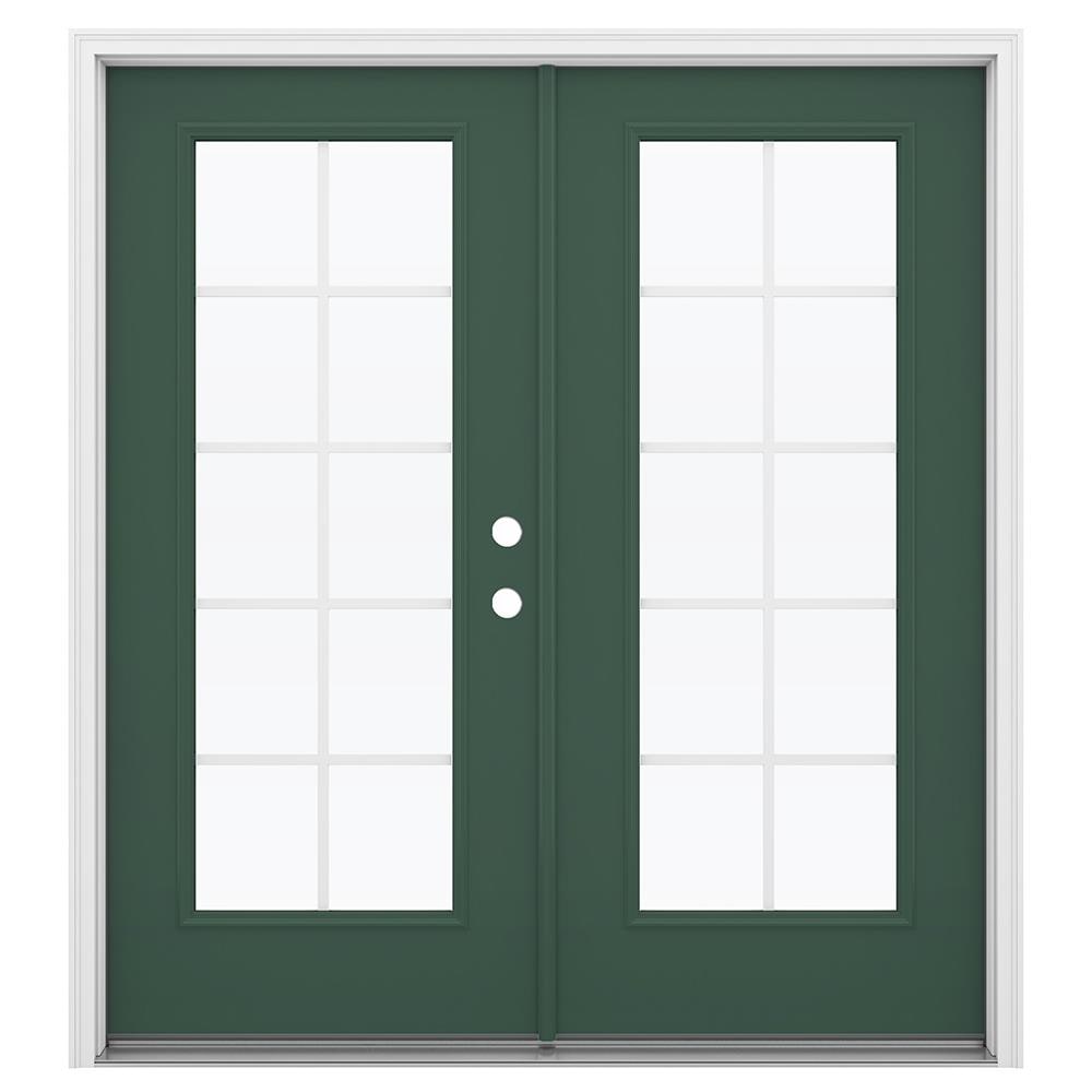 JELD-WEN LOWOLJW192600142 French 72-in x 80-in x 4-9/16-in Jamb Low-e Grilles Between The Glass Evergreen Steel French Left-Hand Inswing Double Patio Door Brickmould Included