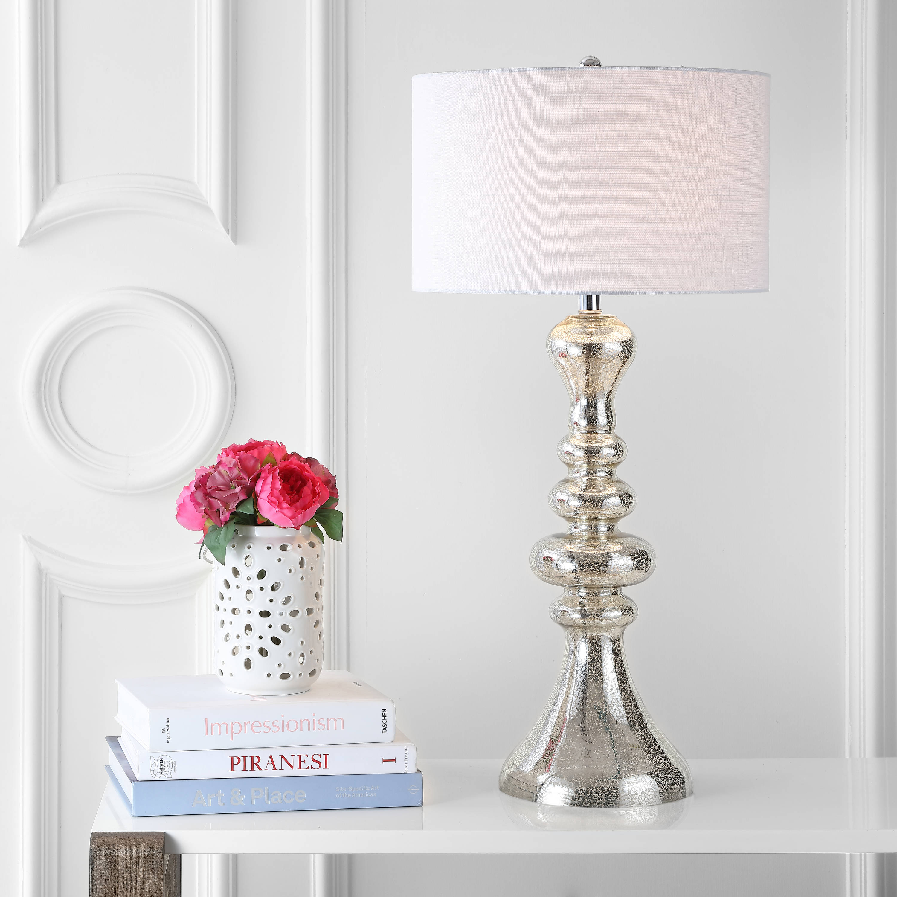 JONATHAN  Y JYL4012A Madeline Curved Glass Transitional 35-in Mercury Silver LED Incandescent Rotary socket Table Lamp with Linen Shade