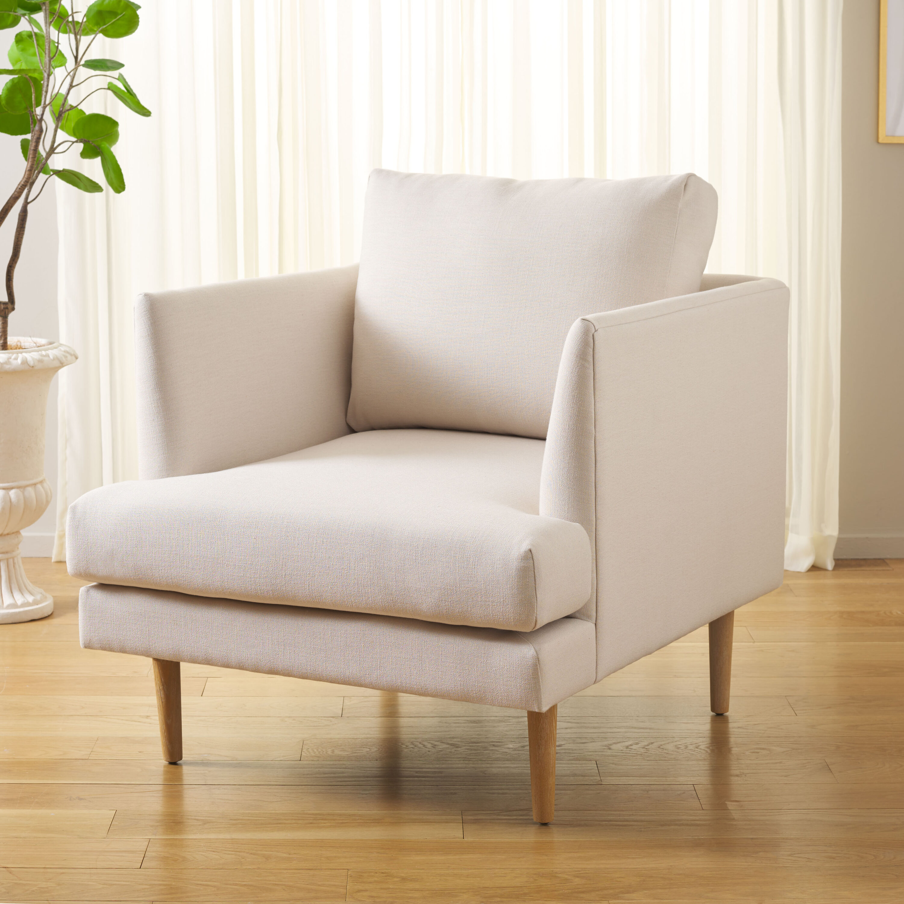 Bone Fabric Accent Chair with White-Washed Wood Legs