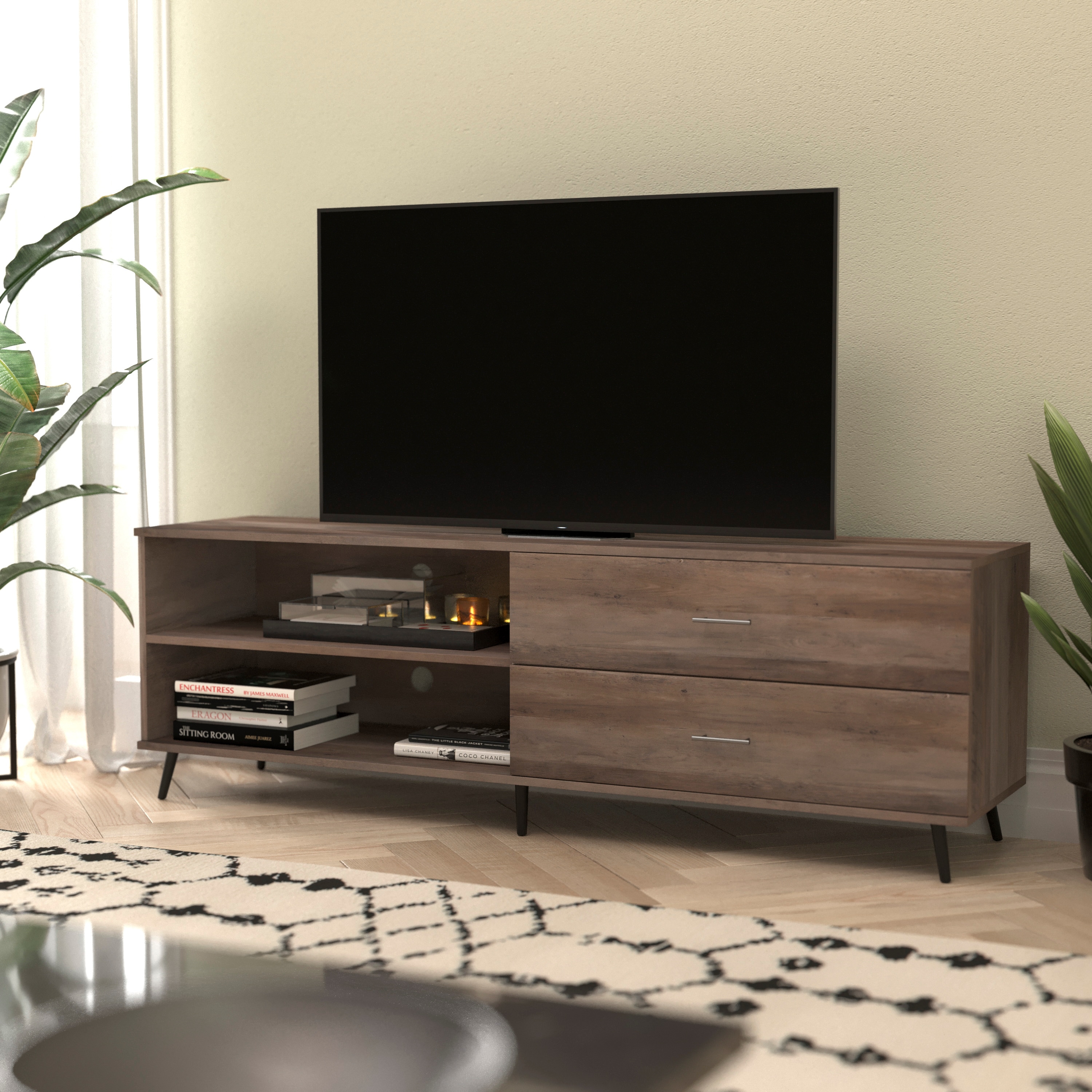 Flash Furniture 840196352497 Nelson 65-in Mid Century Modern TV Stand for up to 60-in TVs with Adjustable Shelf and Storage Drawers; Walnut