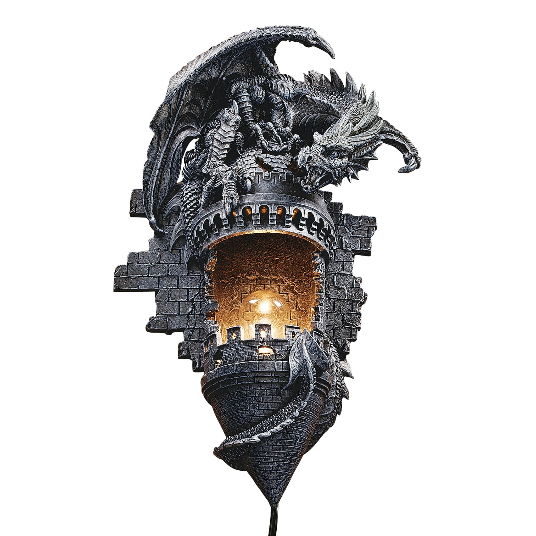 Gothic Dragon Castle Turret Wall Sconce in Grey Stone
