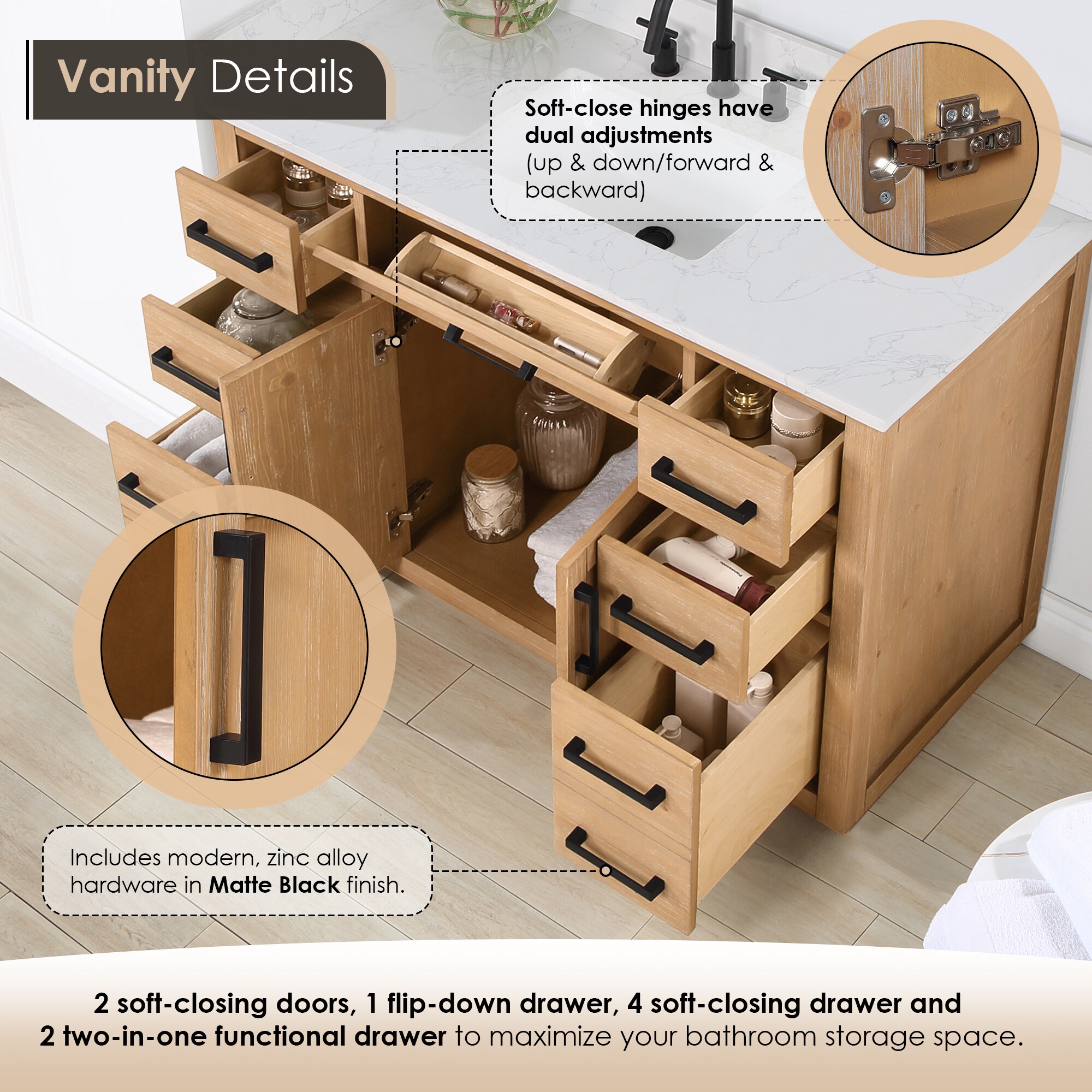 Gavino 48" Light Brown Wood Vanity with Mirror and Stone Top