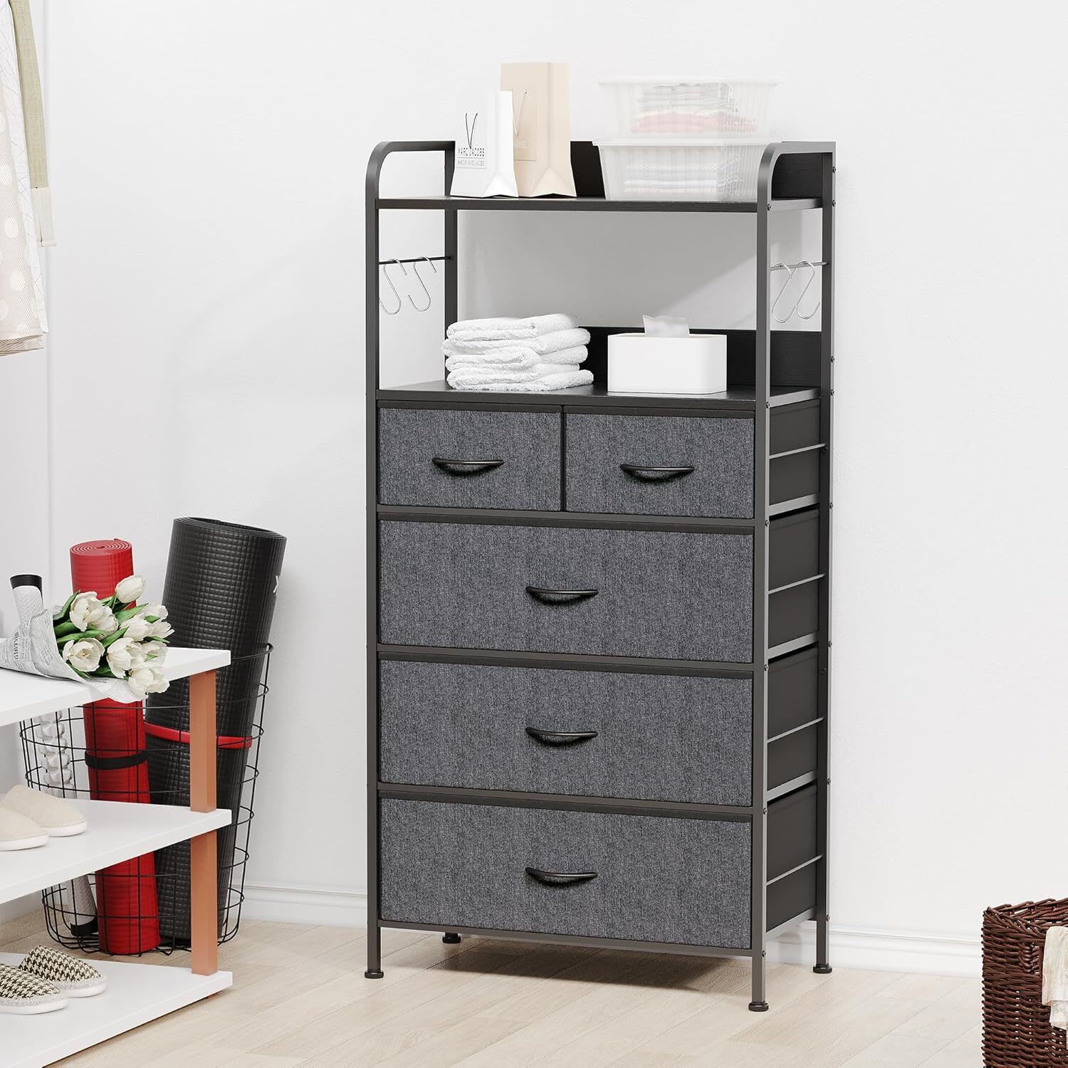 WhizMax LDYLSPHO-0WOKN2Q7 5Drawer Fabric Dresser  Compact Storage Unit with Sturdy Metal Frame Easy Assembly Versatile Organizer for Clothes and Essentials in Grey