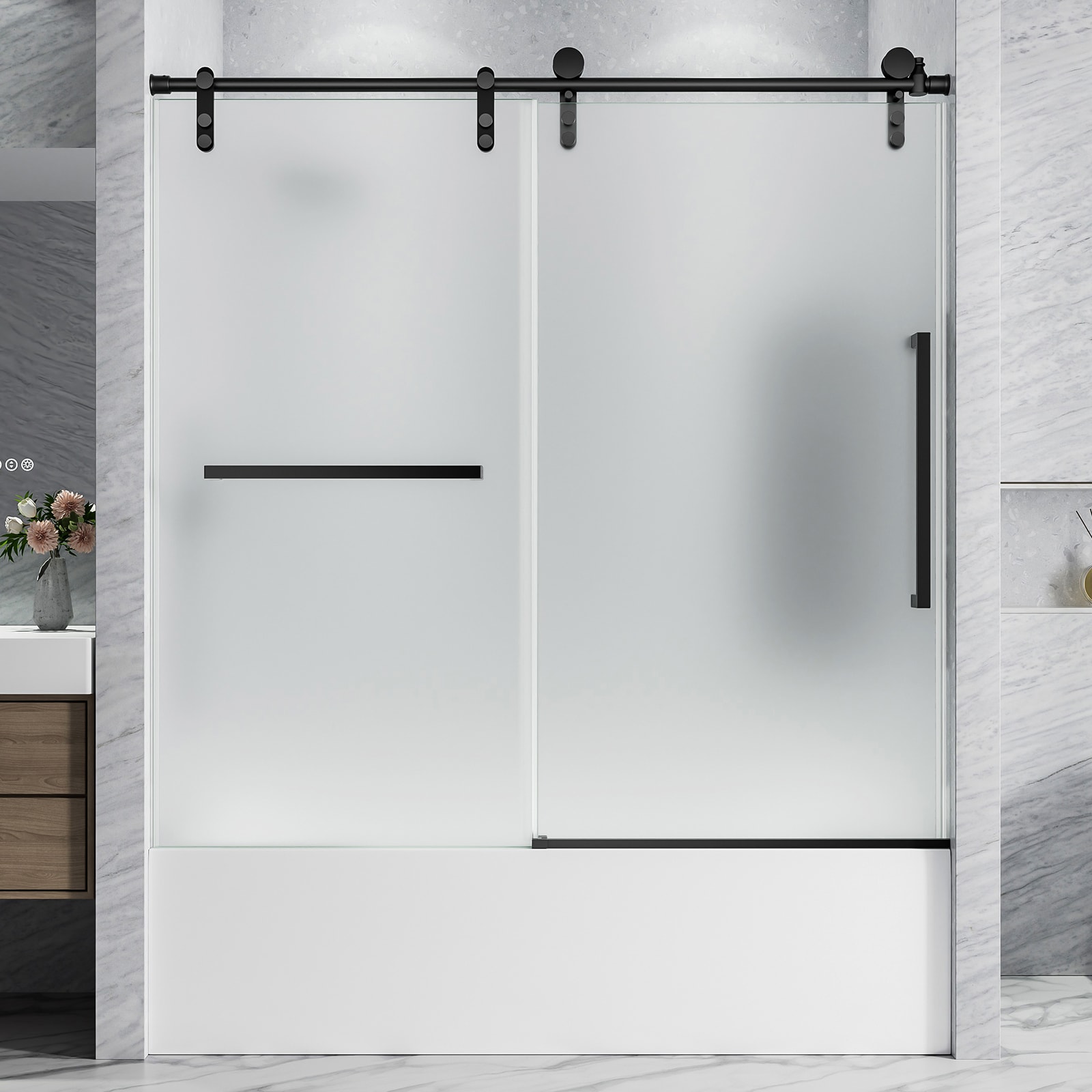 JUSHUA - 60Inches W x 60Inches H Matte Black Frameless Single Sliding Shower Door Bathtub Door 5/...