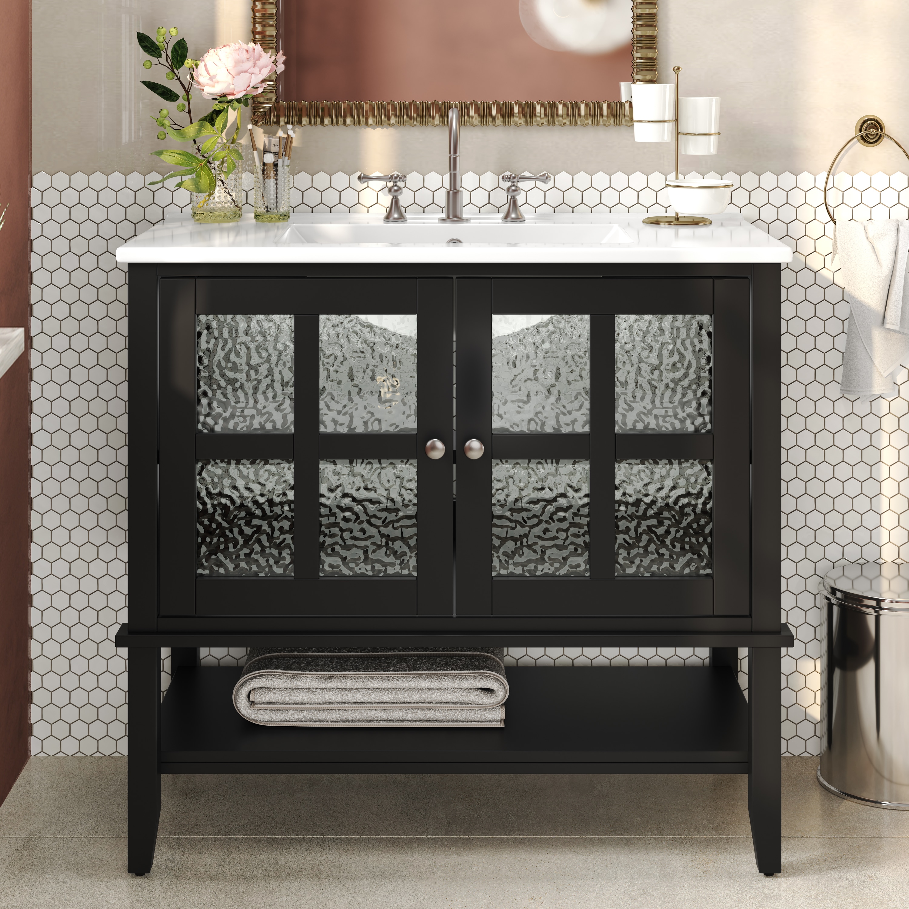 WELLFOR TO-AN-BV24WH NE Bathroom Vanity with Ceramic Sink 36-in Black Single Sink Bathroom Vanity with White Ceramic Top